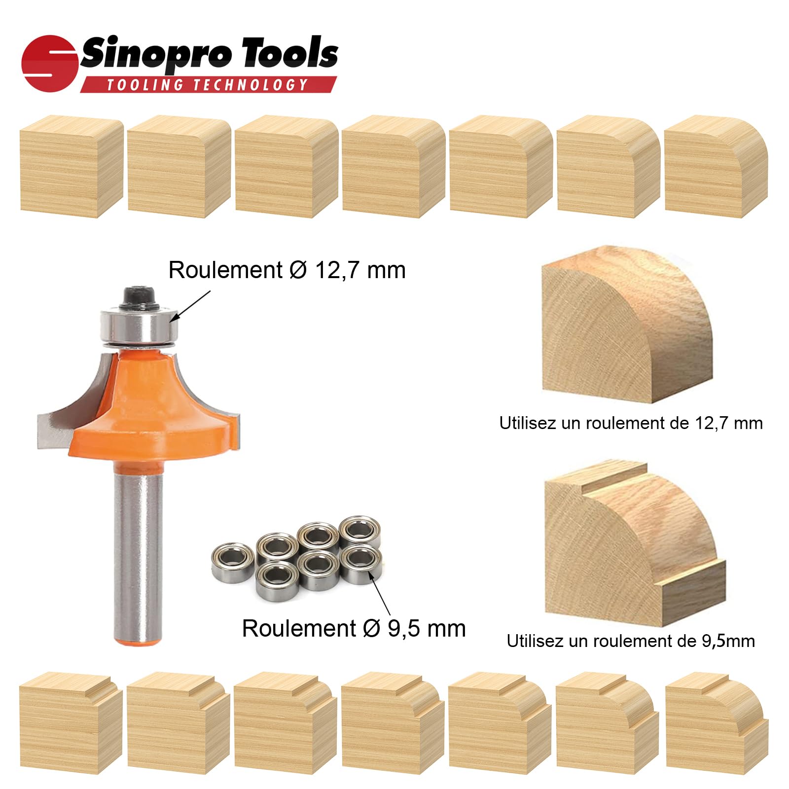Jeu de 7 Fraises à Arrondir Quart-de-Rond pour Défonceuse – Queue 8 mm, Rayons 2/3/4/5/6/8/10 mm, Roulements Interchangeables 9,5 & 12,7 mm, Fraises Carbure pour Bois MDF Contreplaqué