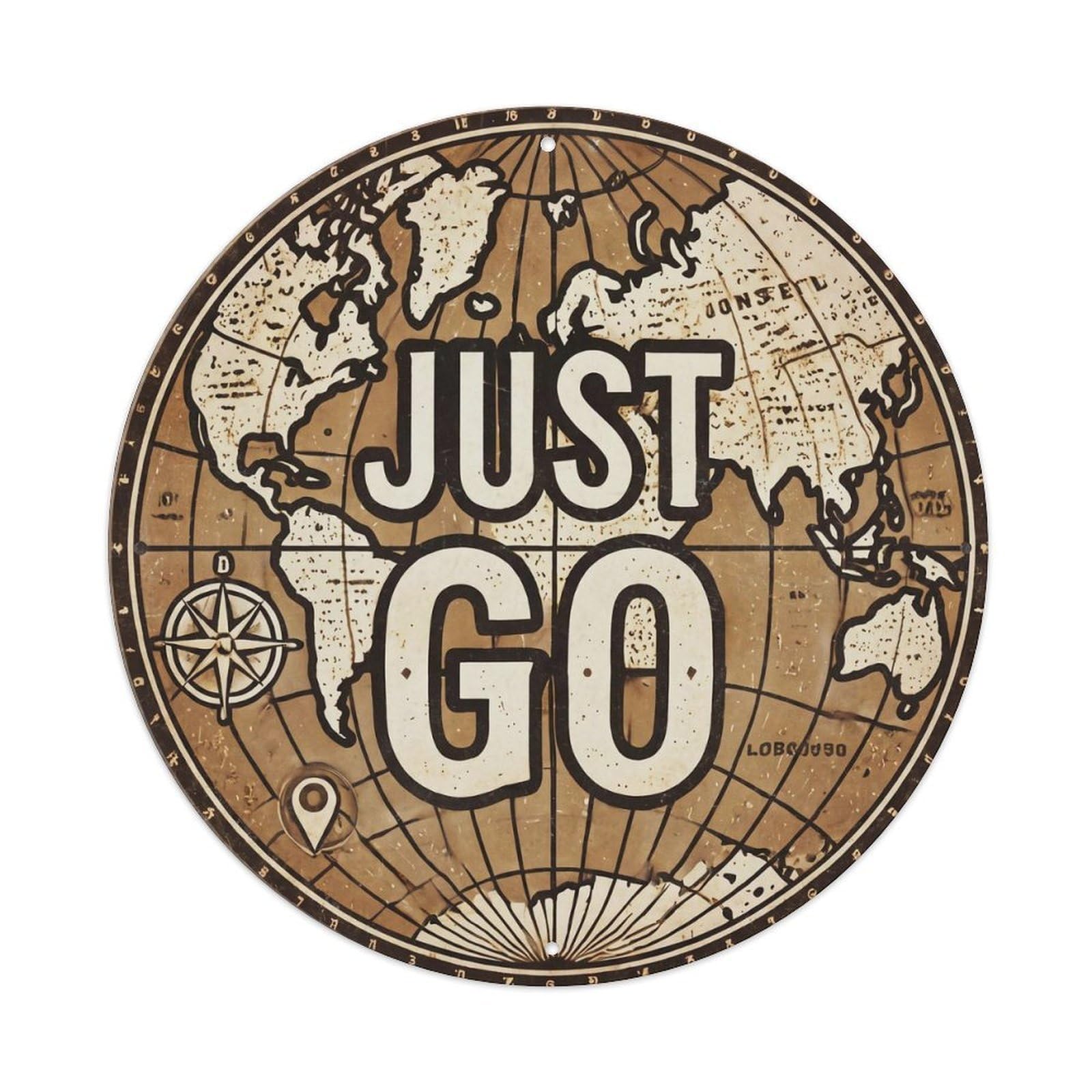 Vintage World Map with Compass Just Go Fisheye Metal Tin Sign