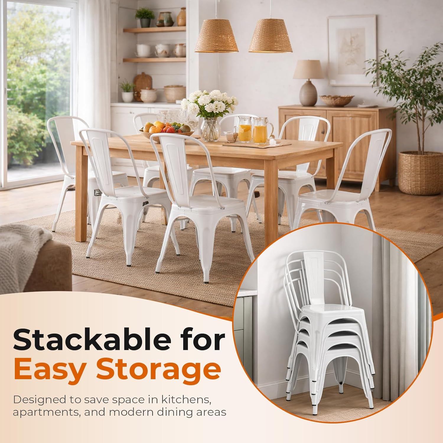 Metal Dining Chairs Set of 4 Stackable Industrial Vintage Style Farmhouse Kitchen Cafe Indoor Outdoor Arctic White