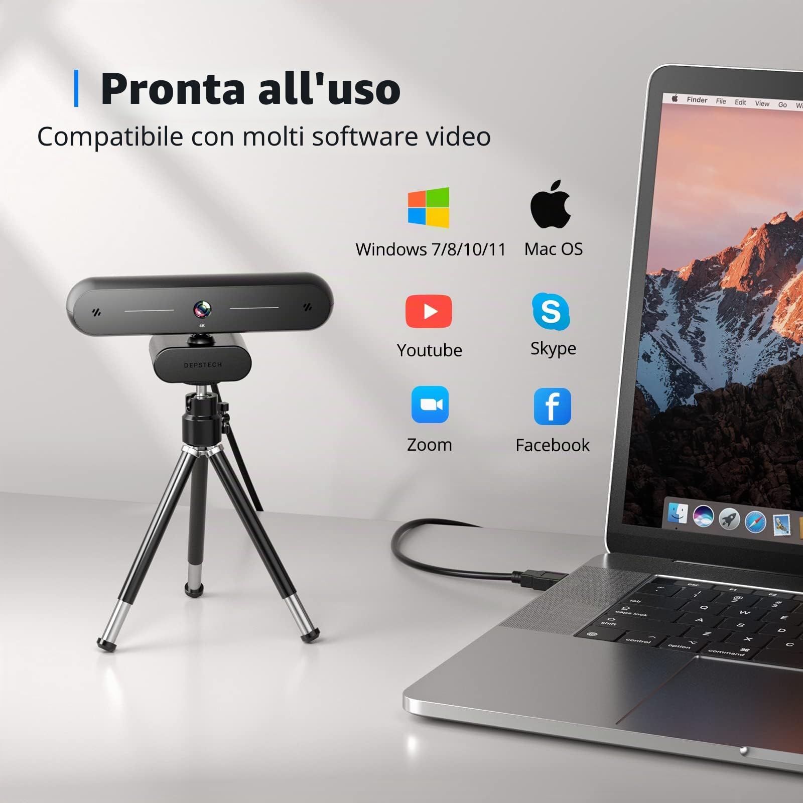 DEPSTECH Webcam 4K Sony, foco automatico, microfoni stereo, USB Plug & Play, correzione luminosità, copriobiettivo, treppiede per Skype/Zoom/streaming/apprendimento online