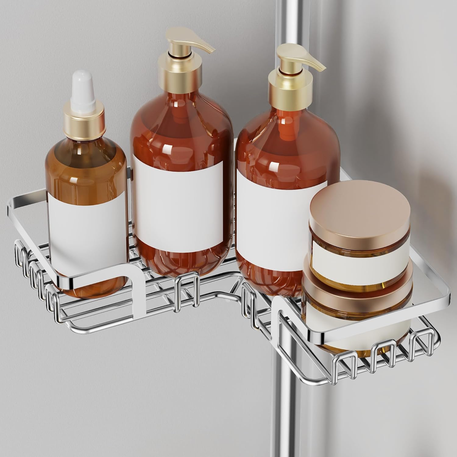 ZUNTO Shower Caddy Corner for Bathroom, Tension Pole, Adjustable 25in-114in Floor to Ceiling, Standing Shower Tension Rod Organizer, 4 Tier Bathroom Storage Shelves, Silver