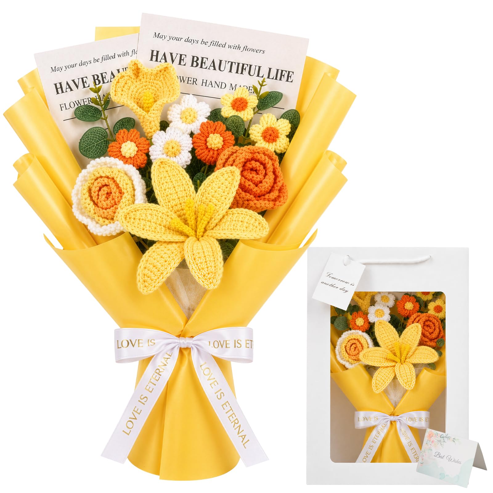 Stidyzo Crochet Flowers, Handmade knitted Rose flowers, Crochet Flower Bouquet with Gift Bag and Greeting Card for Mother's Day, Birthday, Anniversary, Valentine's Day, Gifts for Mother & Her,Yellow