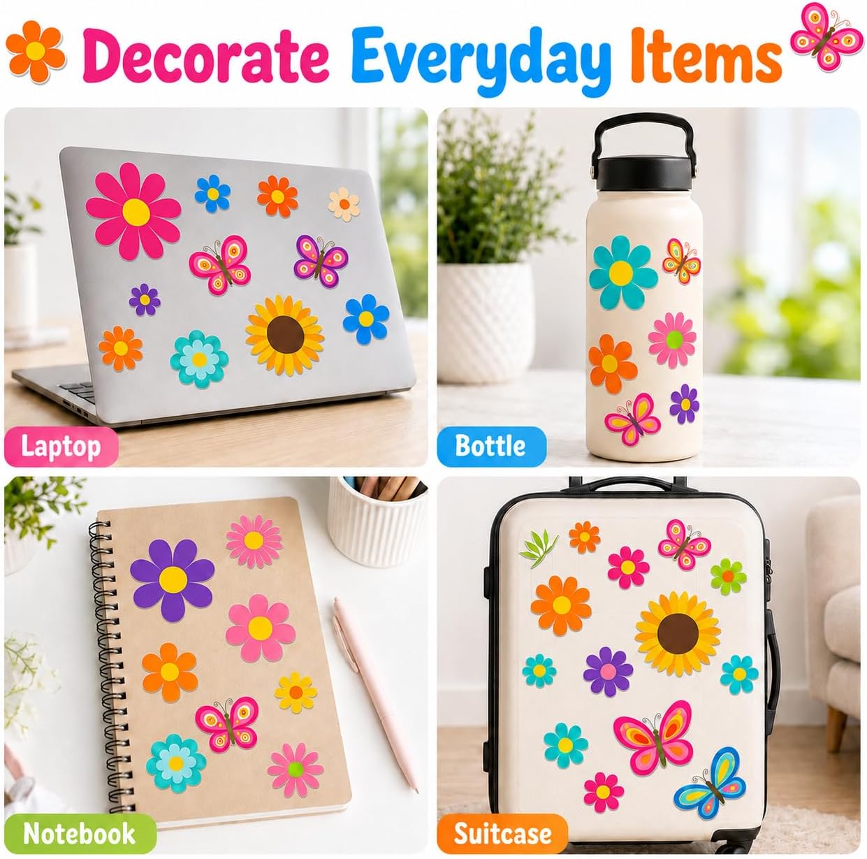86Pcs Flower Butterfly Car Stickers, Colorful Retro Floral Daisy Sunflower Decals for Cars, Trucks, SUVs, Vans, Buses, Windows & Bumpers, Cute Vintage Vinyl Stickers for Women Girls