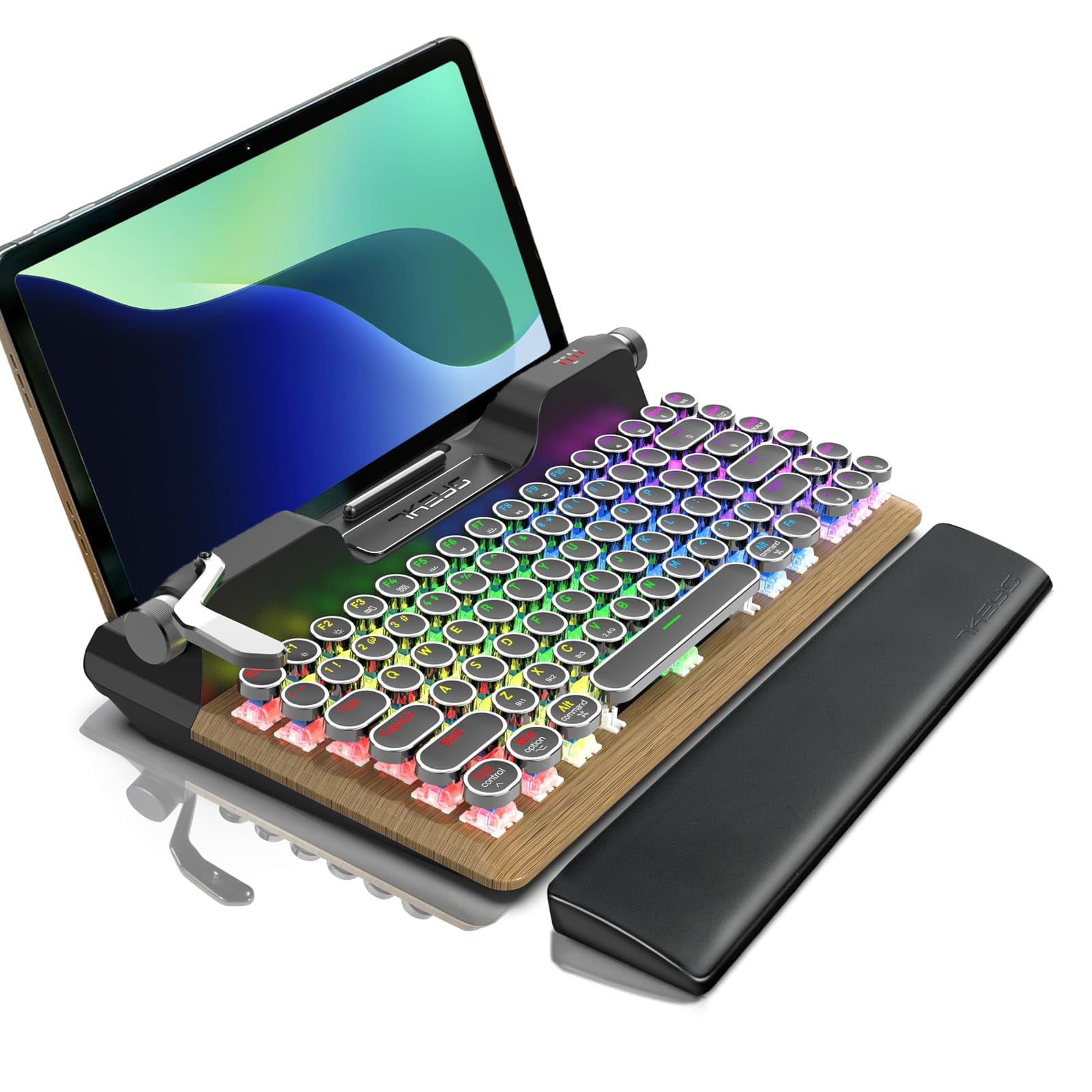 Tastiera in stile macchina da scrivere retrò senza fili meccanica RGB retroilluminata, poggiapolsi confortevole, supporto cablato/Bluetooth 5.0/wireless 2.4G per IPAD/PC/Laptop