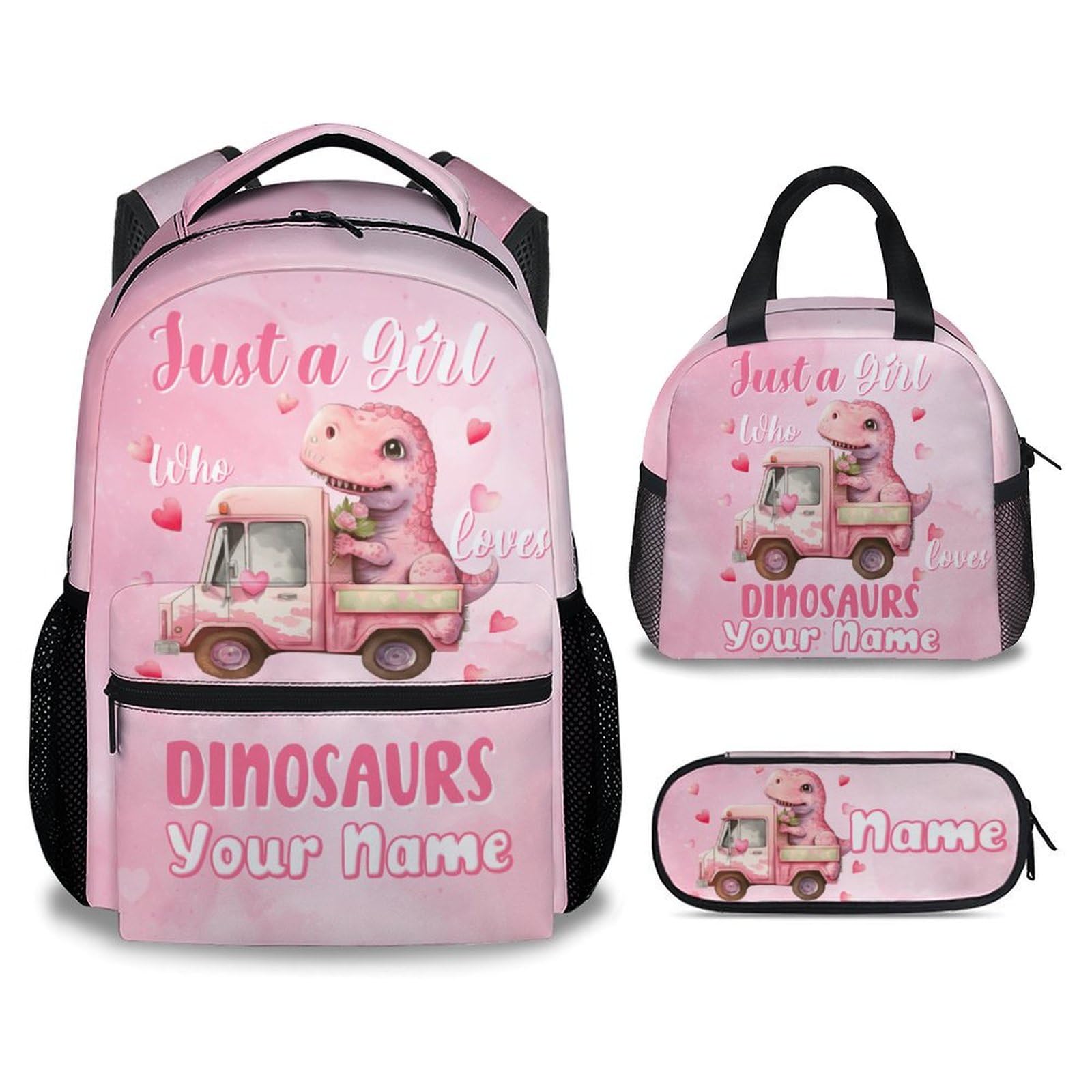 UNIKITTY Personalized Backpack with Lunch Box - Girls Backpack for School - Dinosaur Bookbag with Name - 17 Inch Custom Children's School Bag Set for