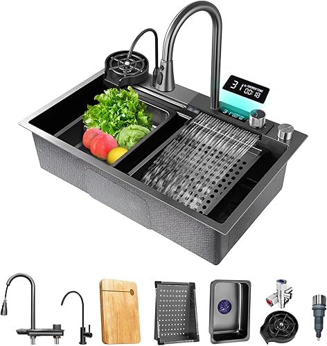 SUS304 - Fregadero de barra de cocina en cascada de acero inoxidable con arandela de vidrio con cascada negra, instalación de encimera con juego