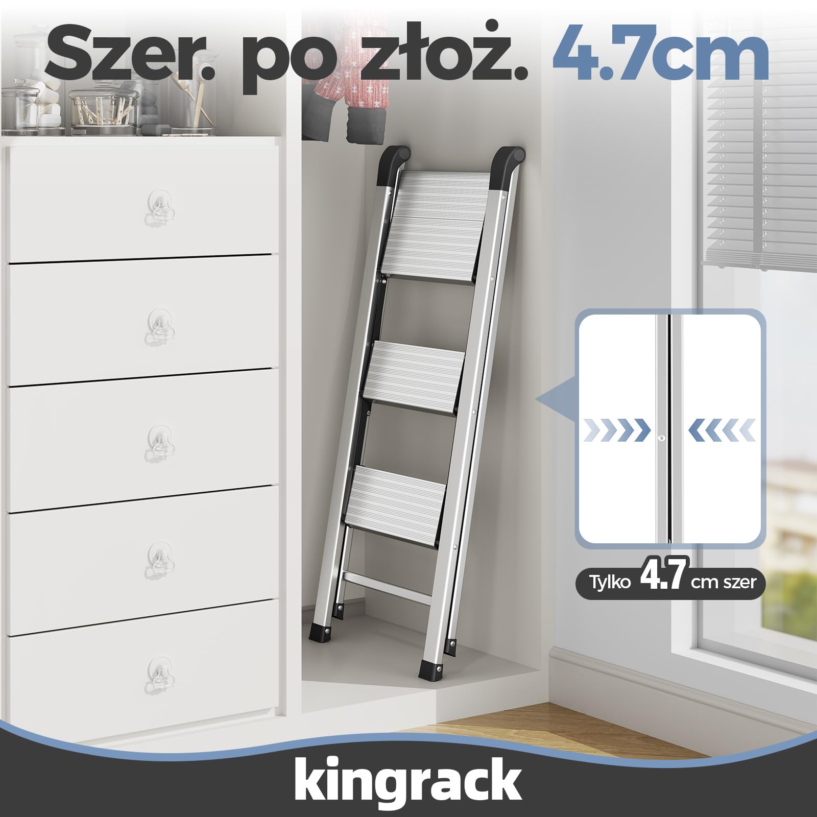 KINGRACK Aluminiowa drabina składana 3-stopniowa, antypoślizgowa poręcz, do 150 kg, srebrna