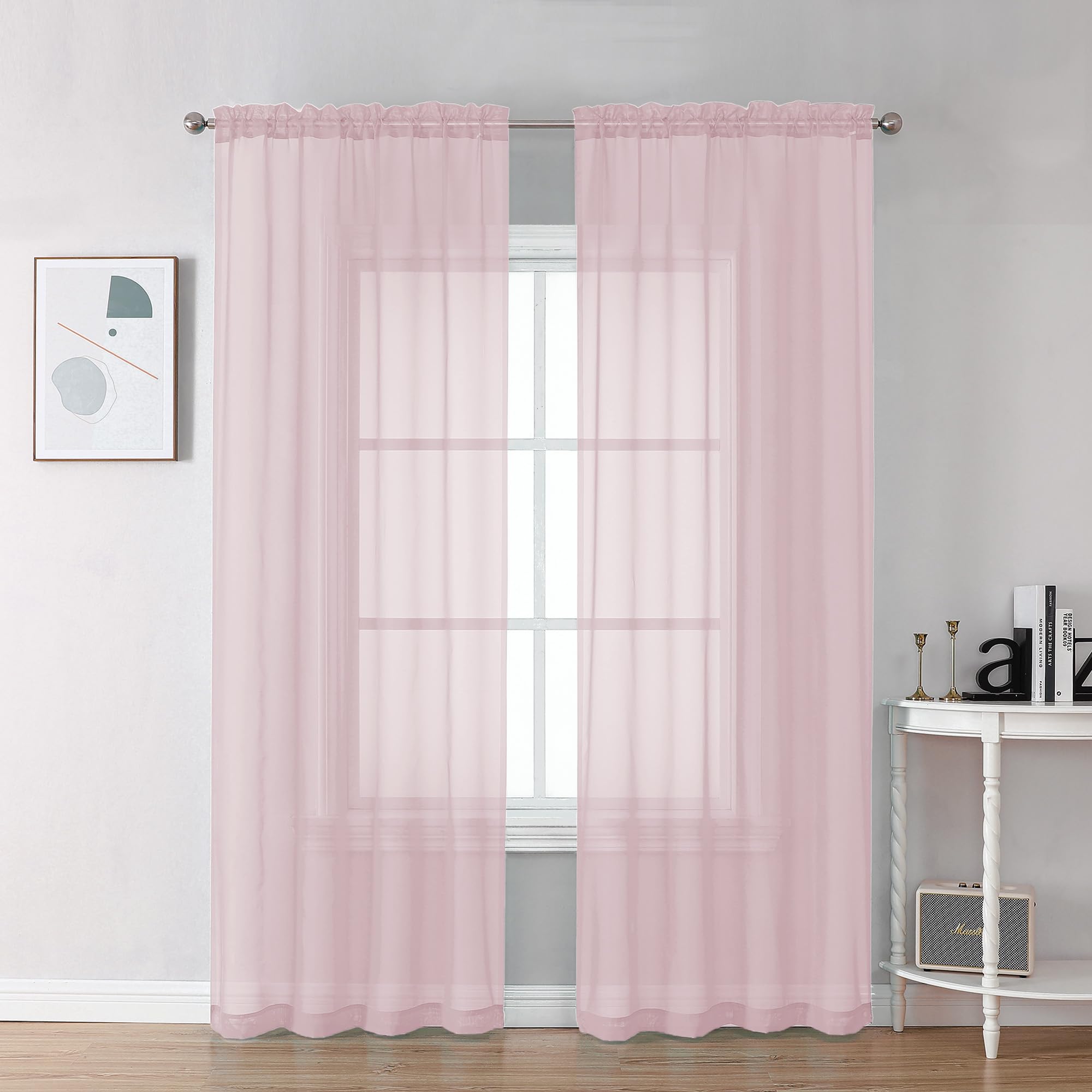 Chyhomenyc Sheer Blush Pink Curtains 90 inches Long 2 Panels, Light Filtering Soft Airy Solid Elegant Voile Window Treatment Drapes for Bedroom Living Room Wedding Party Decor, 42 Wx90 L Inches