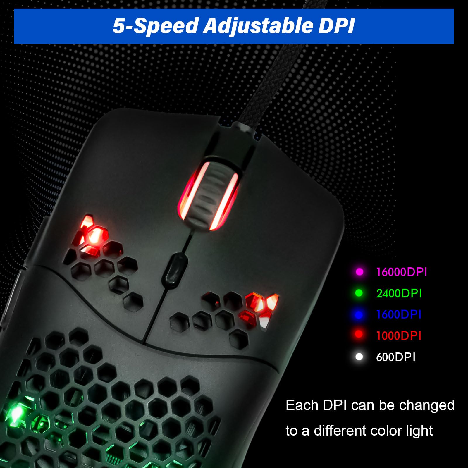 C7 - Ratón para juegos con cable, diseño de panal, sensor ajustable de 16000 DPI, 7 botones programables, RGB dinámico, ratones ultraligeros para juegos para PC y portátil