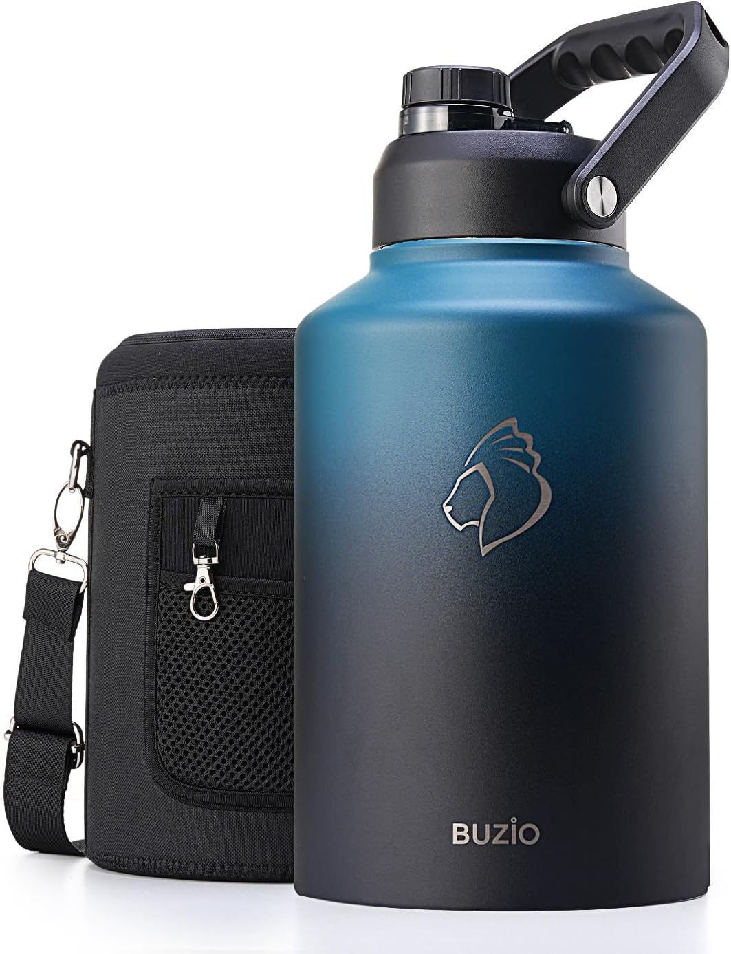 BUZIO 1 Gallon Water Bottle Insulated, (Cold for 48 Hrs) 128oz Large Stainless Steel Water Jug, 3.58in Big Wide Mouth Leak Proof Metal Flask with Carrying Sleeve for Camping,Gym, Hiking, Indigo Crush Indigo Crush-2 128 Ounces