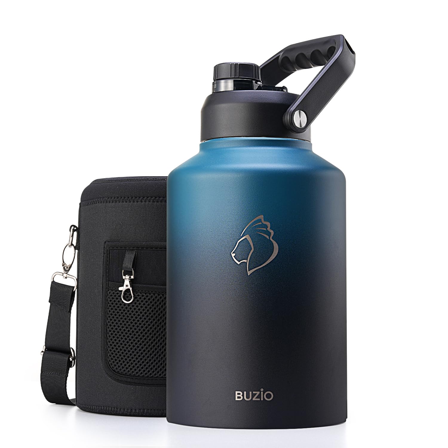 Photo 1 of BUZIO 1 Gallon Water Bottle Insulated, (Cold for 48 Hrs) 128oz Large Stainless Steel Water Jug, 3.58in Big Wide Mouth Leak Proof Metal Flask with Carrying Sleeve for Camping,Gym, Hiking, Indigo Crush