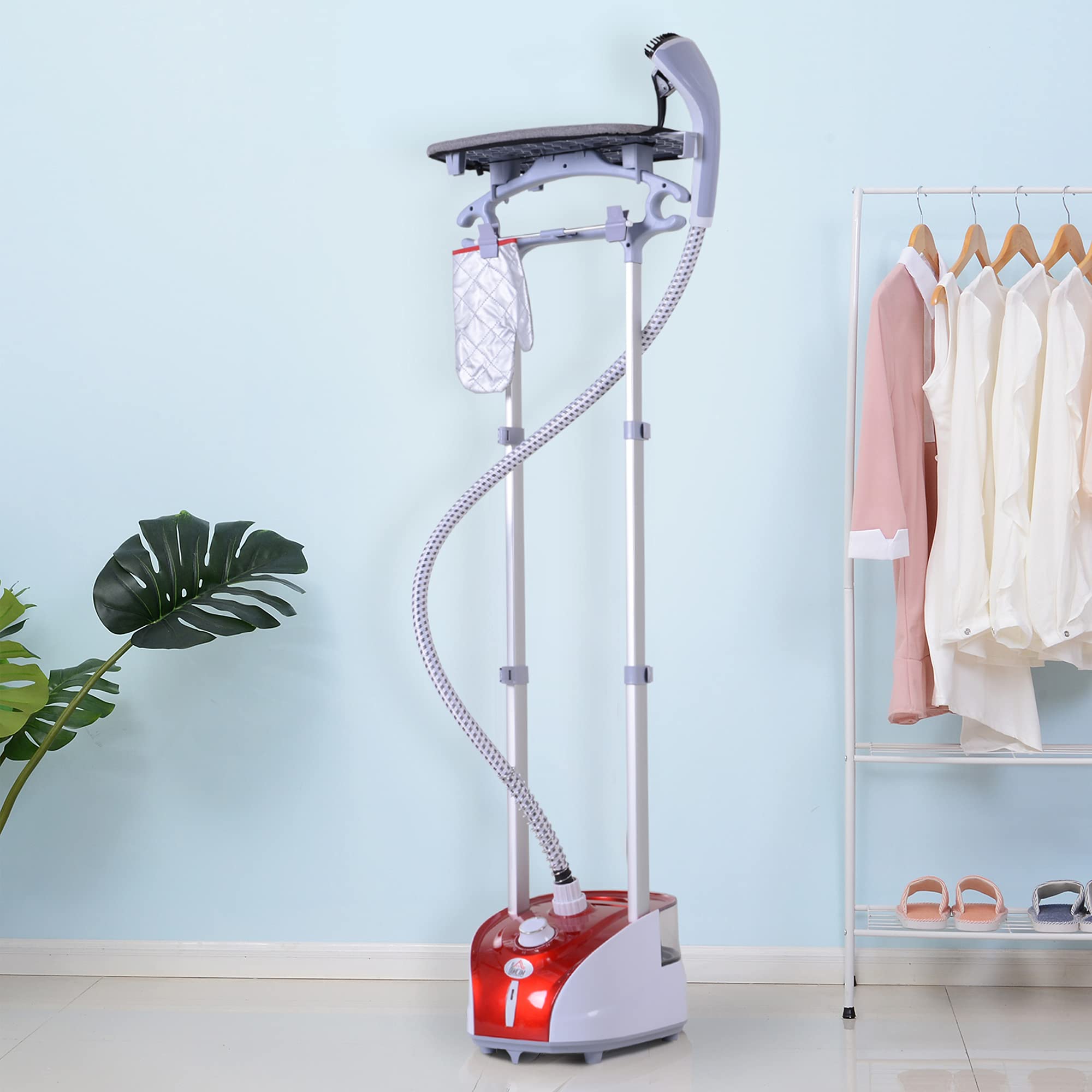 HOMCOM Défroisseur Vapeur Vertical 1950 W 32g/min Autonomie 45min Rouge | Réservoir d'Eau 2 Litres, Tige Télescopique, Fer Vertical, 11 Températures Réglables, Prêt en 38s, Planche et Cintre Fournis