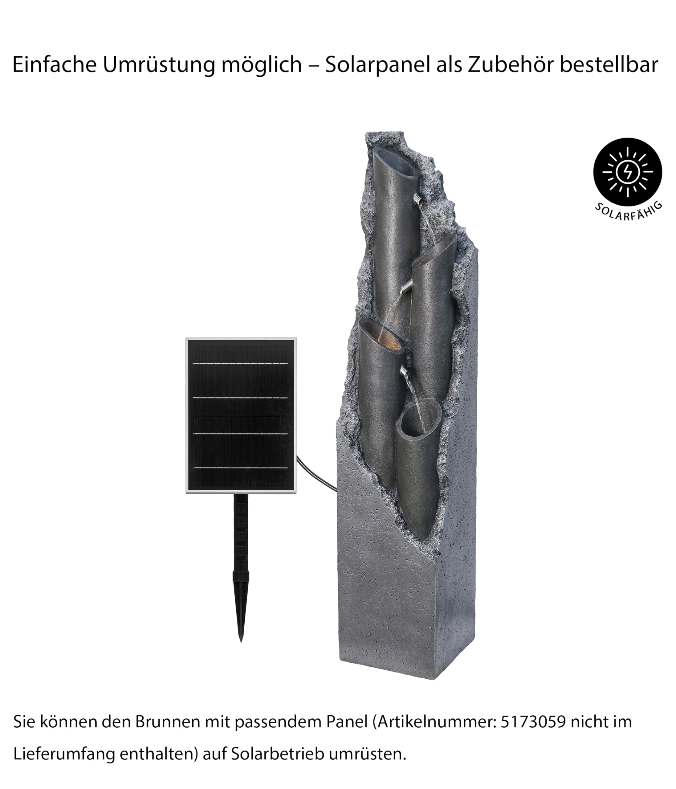 Dehner Gartenbrunnen Tubi, Outdoor-Brunnen, mit LED-Beleuchtung, solarfähig, ca.27,5x131x27,5 cm, Polyresin, grau