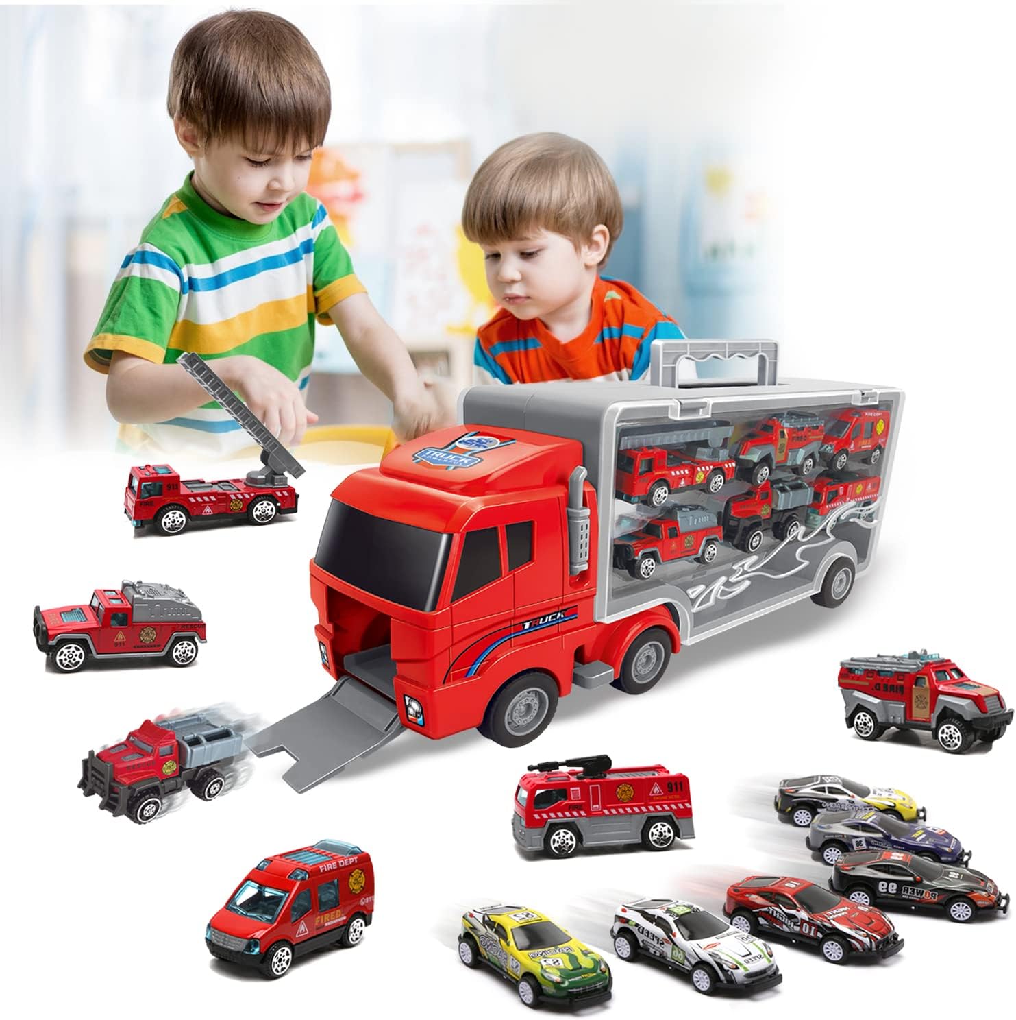 Kids Toys Car for Boys,Toddler Toys for 3 4 5 6 Years Old Boys, Truck toy 13 in 1 large Transport Cars Carrier Set,Kids toy truck with 12 alloy metal car toy cars,Ideal Gift Toys for kids (Red)