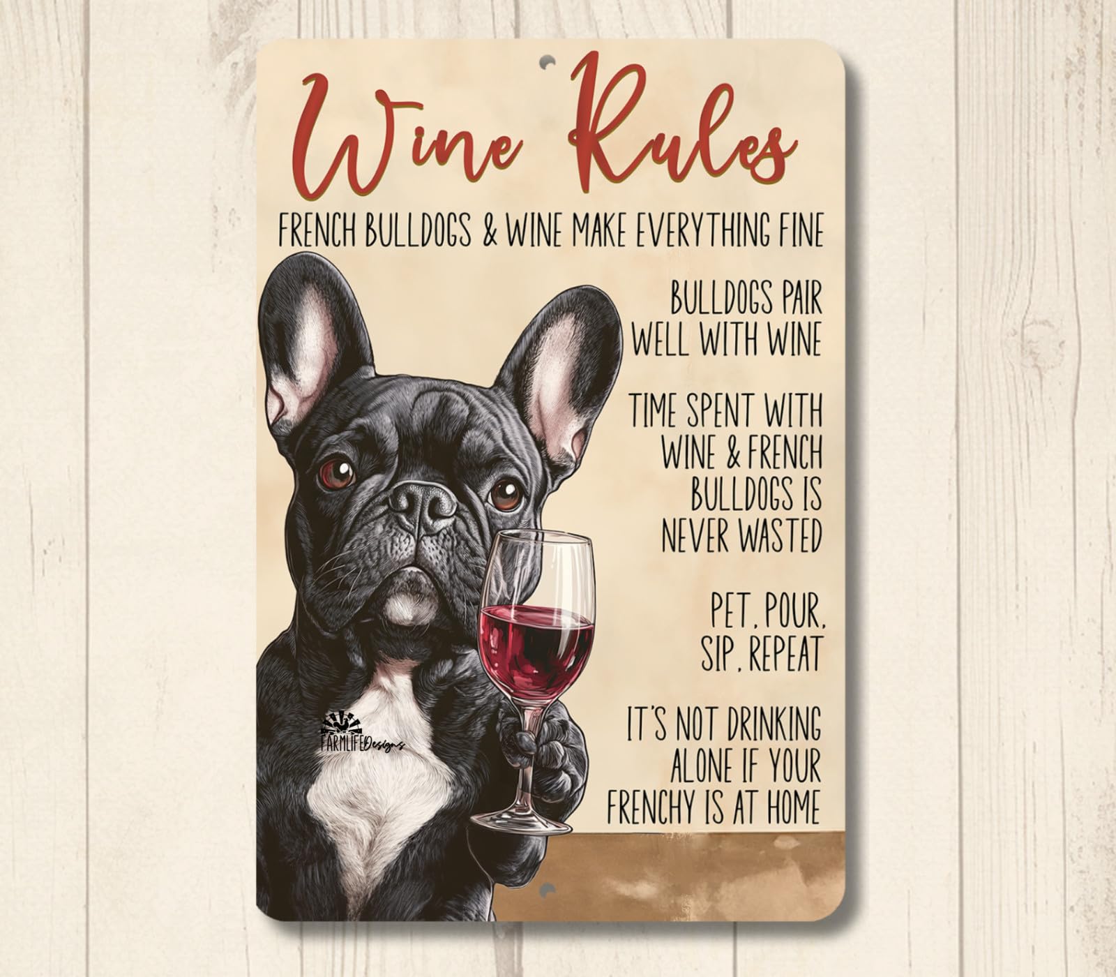 French Bulldog Wine Rules Sign bar metal tin funny frenchy bull dog decor home decor