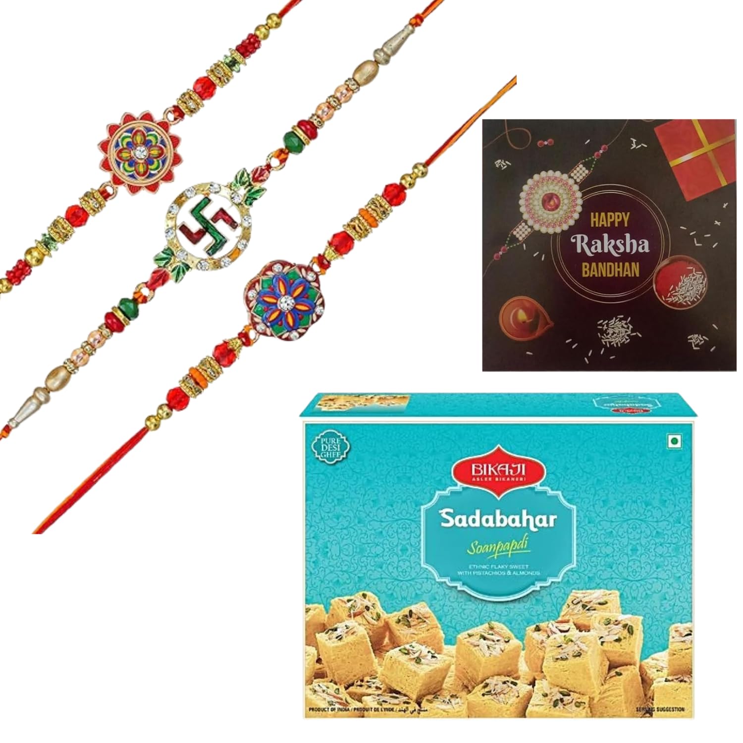 Webelkart Premium Combo Gift Set Of 3 Rakhi With Bikaji Soan Papdi (450 Gm),Rakhi For Brother Bahbhi With Greeting Card,Roli-Chawal