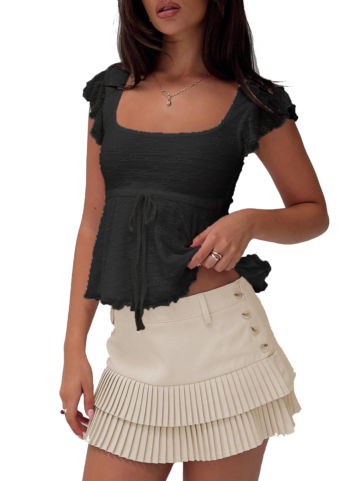 Women Ruffle Hem Peplum Tank Tops Summer Sleeveless Plaid Tie Back Crop Top Gingham Camisole Square Neck Backless Vest (Z182184-Lace Black, M)