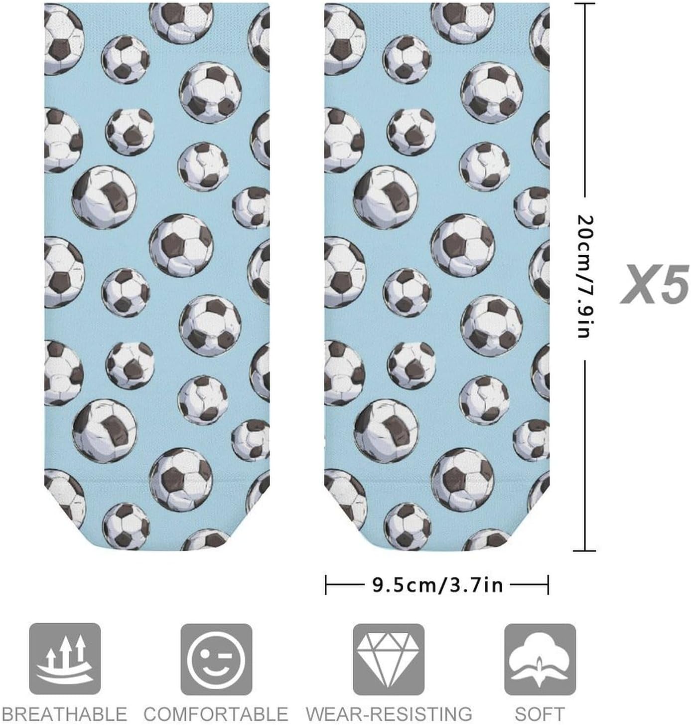 Soccer Footballs Pattern No Show Ankle Socks Low Cut Non Slip Flat Boat Line 5 Pairs Set