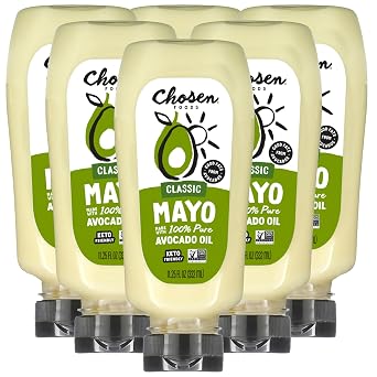 مايونيز كلاسيكي 100% قائم على زيت الأفوكادو من Chosen Foods، خالٍ من الجلوتين ومنتجات الألبان، منخفض الكربوهيدرات، مناسب لنظام الكيتو الغذائي، مايونيز للسندويشات والتوابل والصلصات 11.25 أونصة 6 عبوات