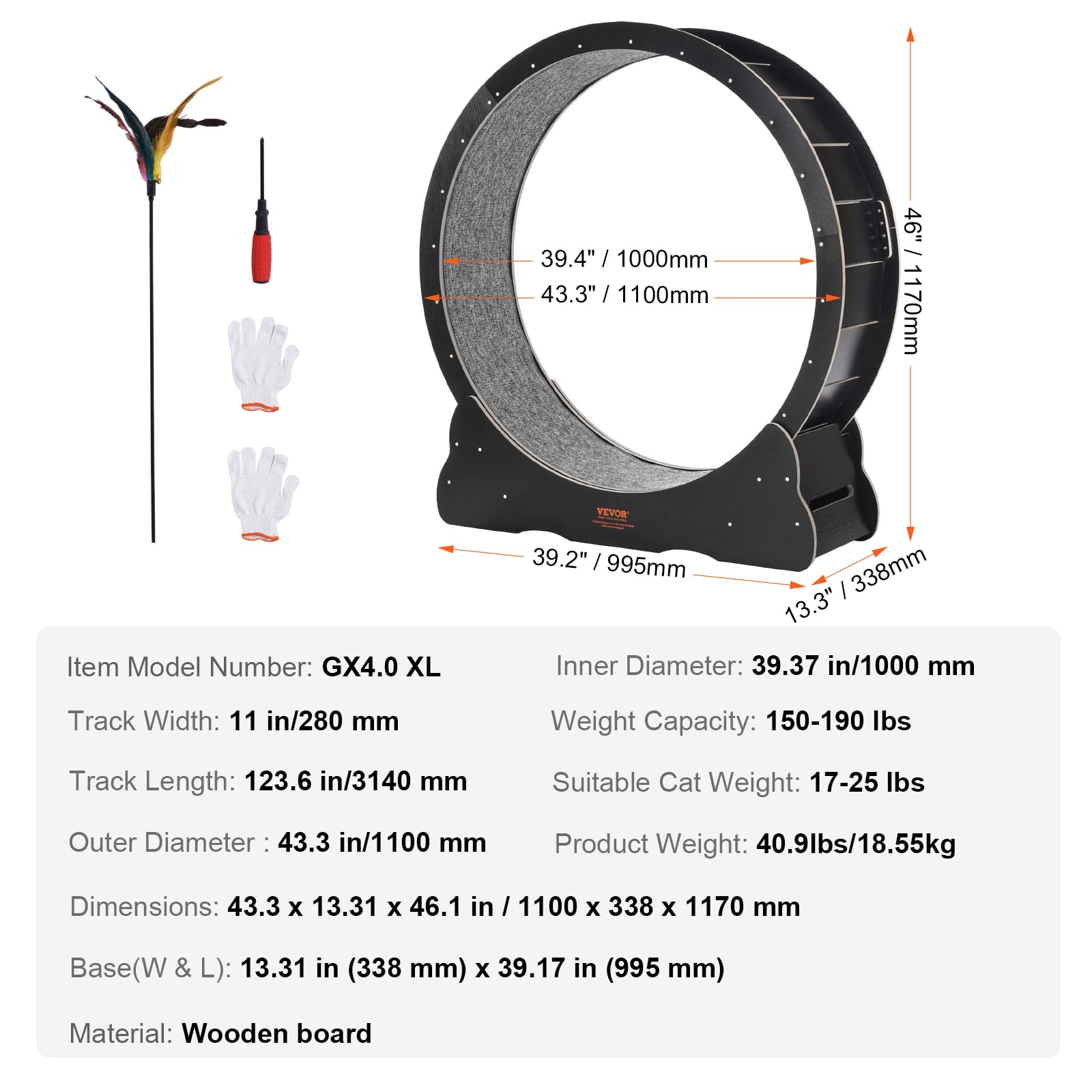VEVOR Wooden Cat Exercise Wheel, 43.3" Large Cat Treadmill Wheel for Indoor Cats, Cat Running Wheel with Detachable Carpet & Cat Teaser for Running/Walking/Training, Suitable for Most Cats Black view 7