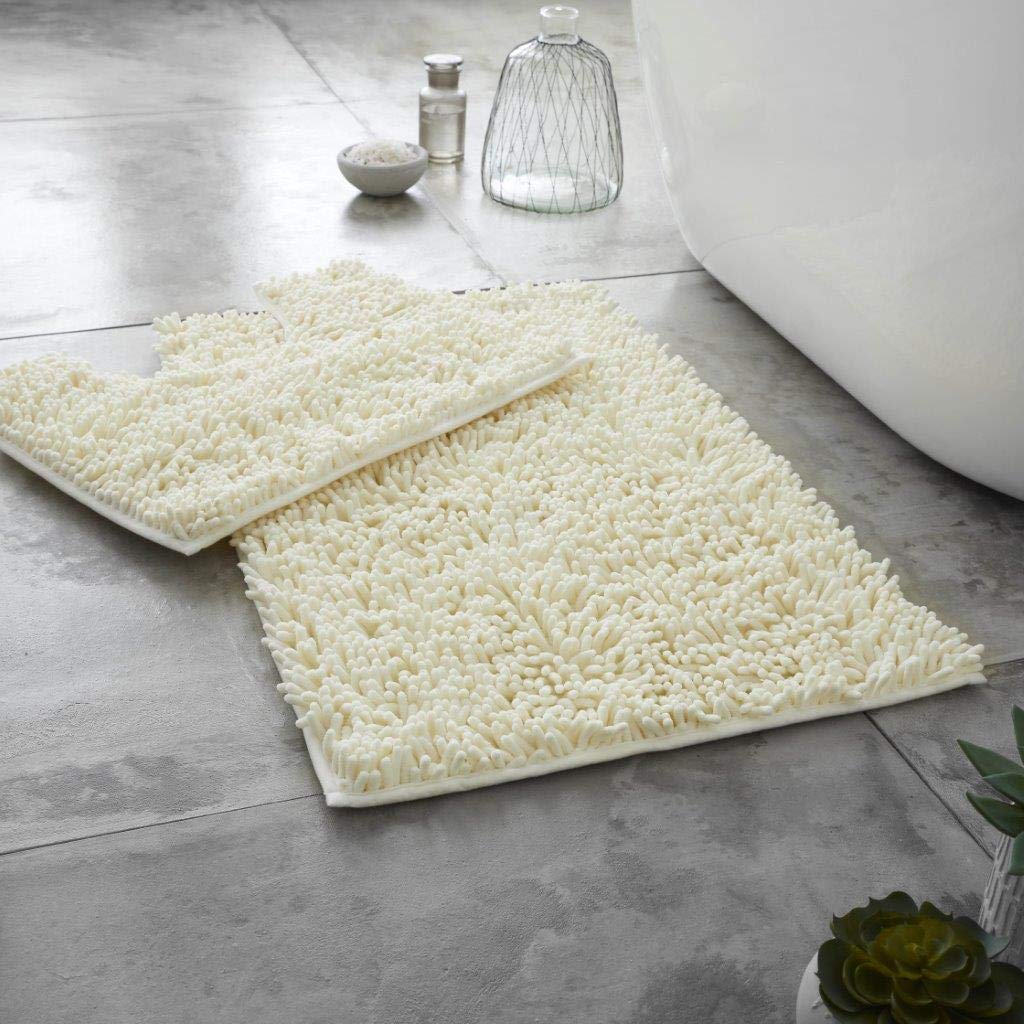 Style Spot Luxury Chunky Loop Bath Pedestal Mat 2 Piece Set Non Slip Washable Bathroom Toilet Mats Extra Absorbent 100% Microfiber Chenille Machine Washable (Cream)