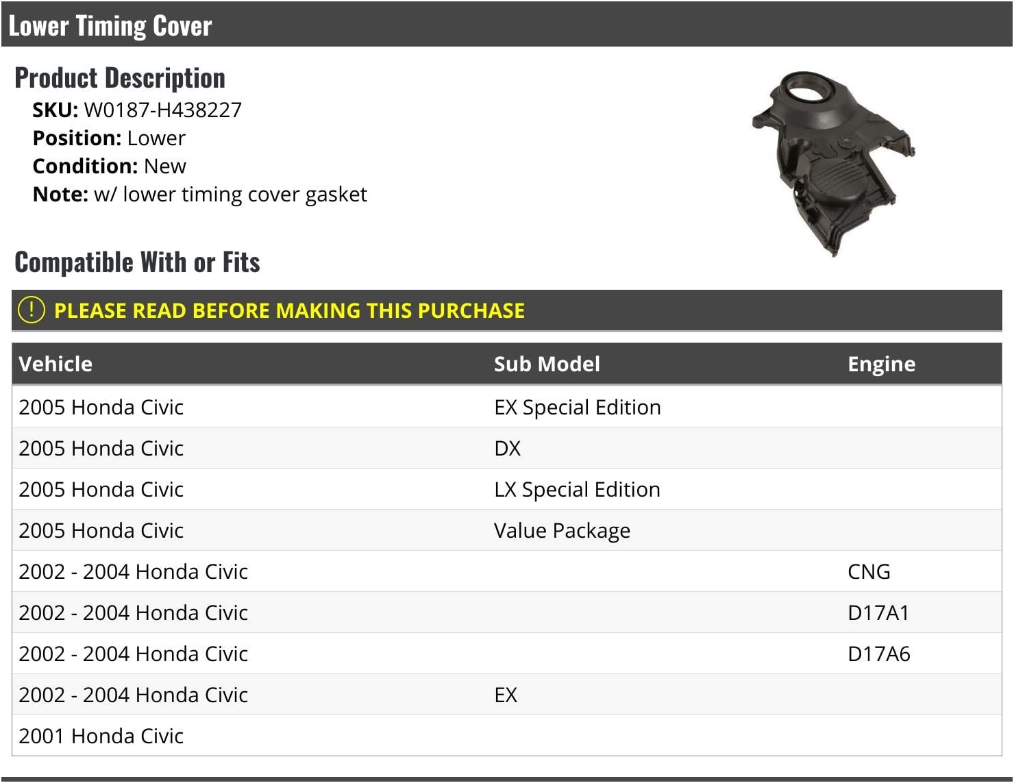 Marketplace Auto Parts Lower Timing Cover With Gasket - Compatible With 2001-2005 Honda Civic