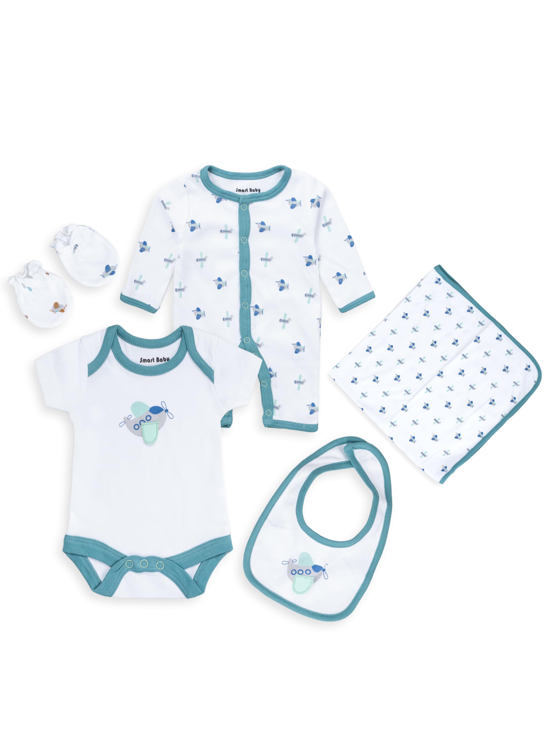 5 Piece Newborn Clothes Set – Bio-Washed Interlock Fabric | Bodysuit, Sleepsuit, Bib, Blanket & Mittens | Dinosaur Baby Clothes Gift Set-image-28