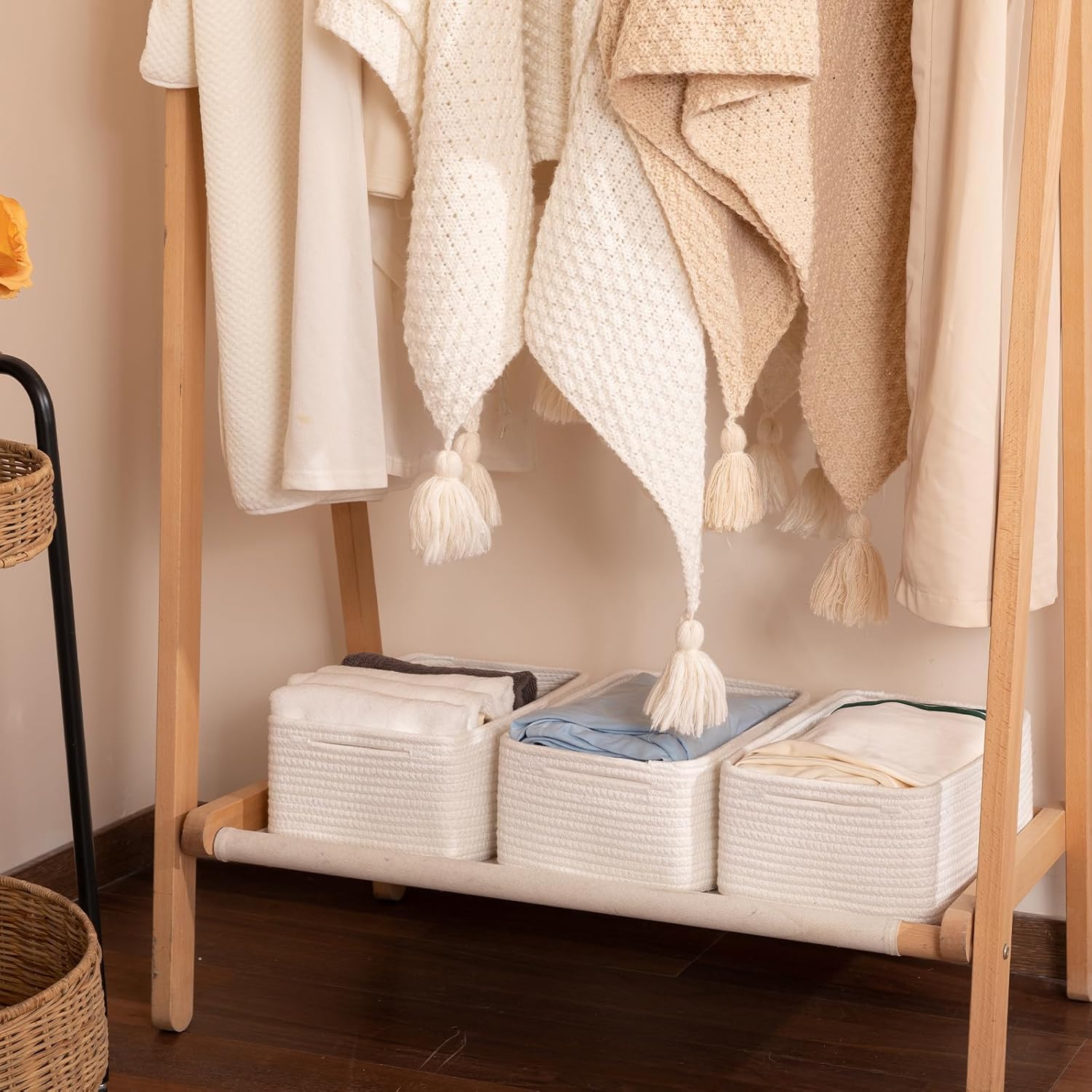 3 Pack Small Storage Baskets for Organizing, Cute Woven Decorative Gift Baskets for Shelves, Mini Closet Organizer Bins with Handles-13''Lx8.66''Wx5.11''H-White - Image 5