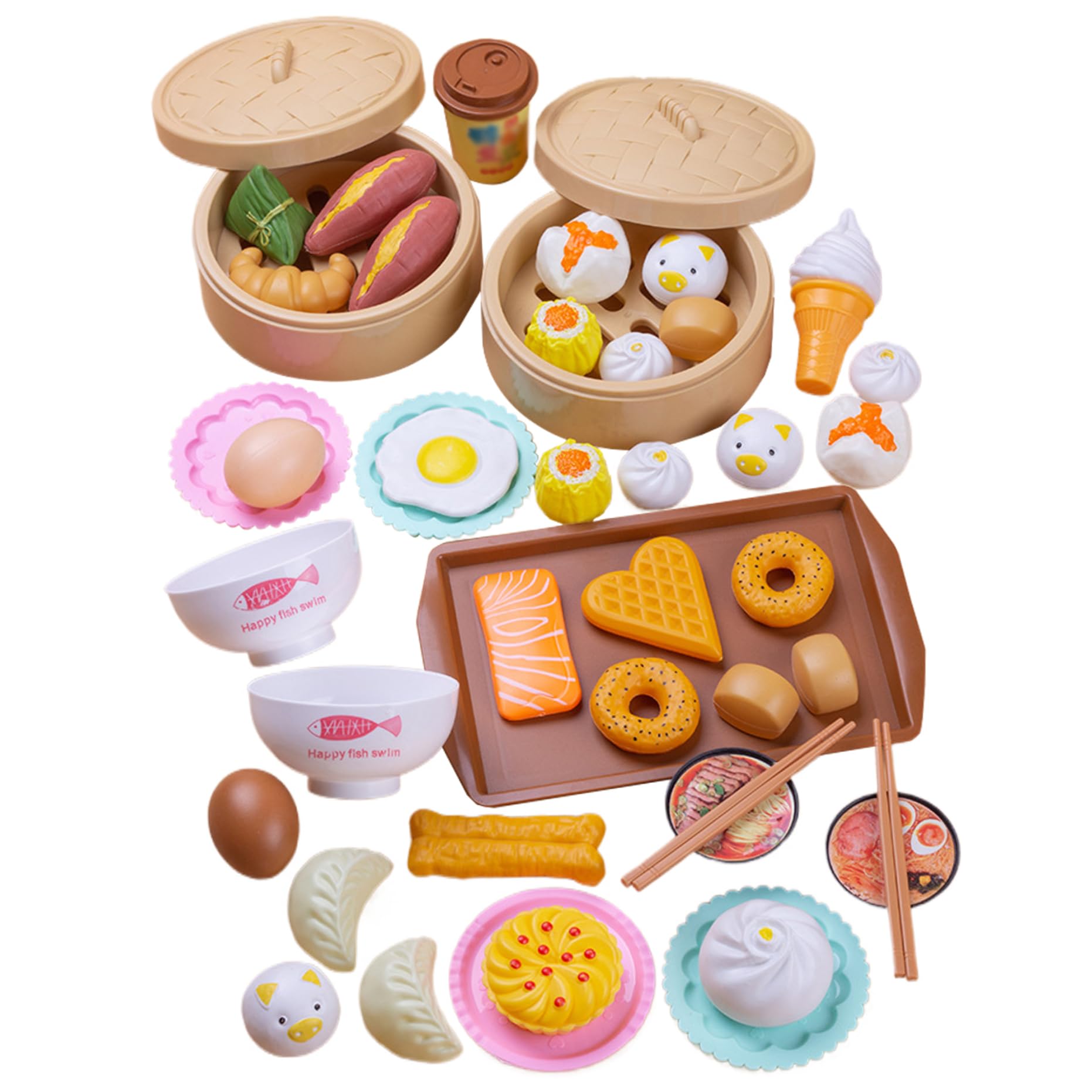 46Pcs Play Food Set, Chinese Breakfast Dim Sum Set with Steam Buns and More Food Cooking Toys Role Play Toys for Kids Ages 3+