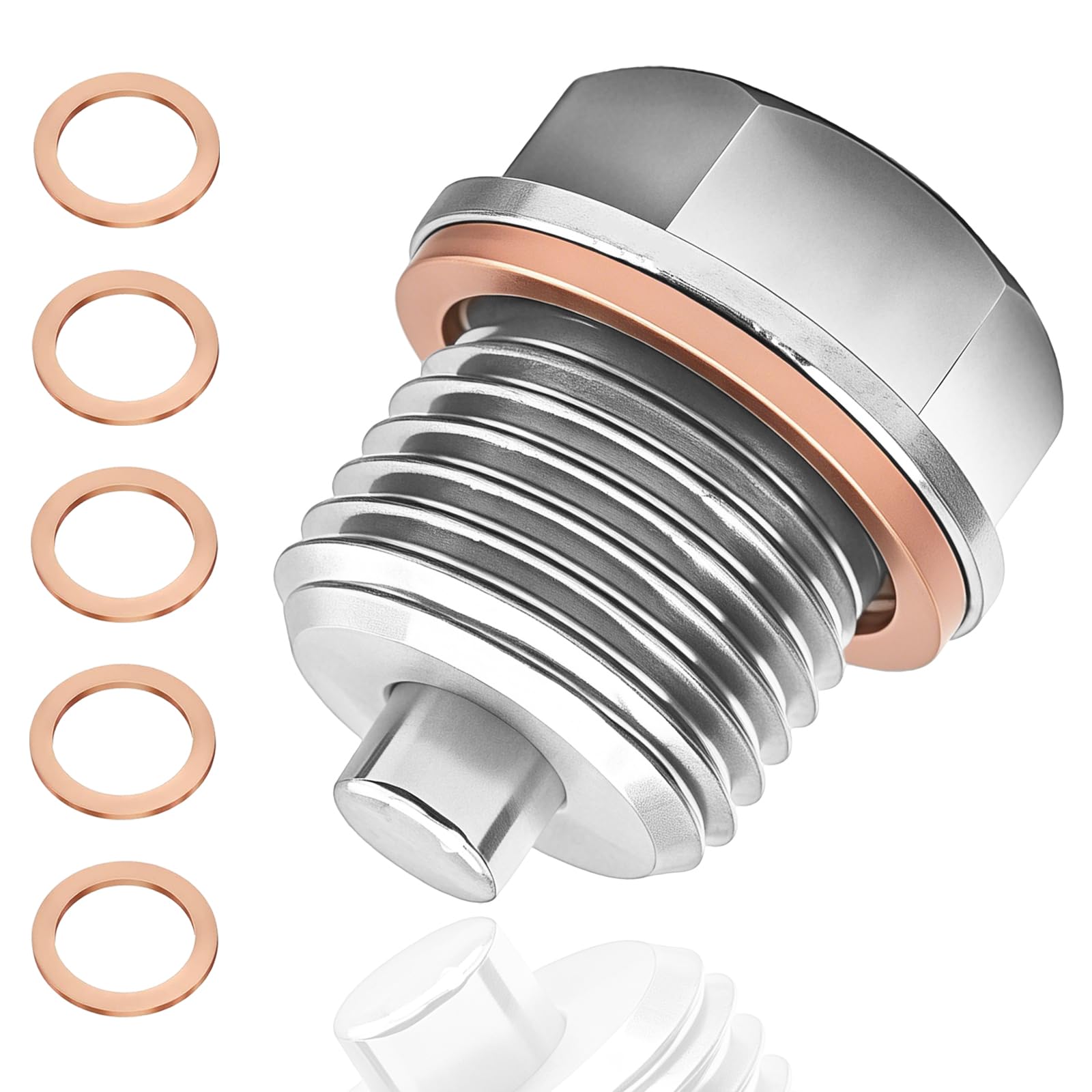 Vbgurr Sliver Magnetic Oil Drain Plug, Stainless Steel Sump Drain Nut Bolt, Magnetic Oil Drain Plug With 5 Copper Crush Washer,Oil Drain Plug Universal For Most Cars Motorcycle (M16x1.5)