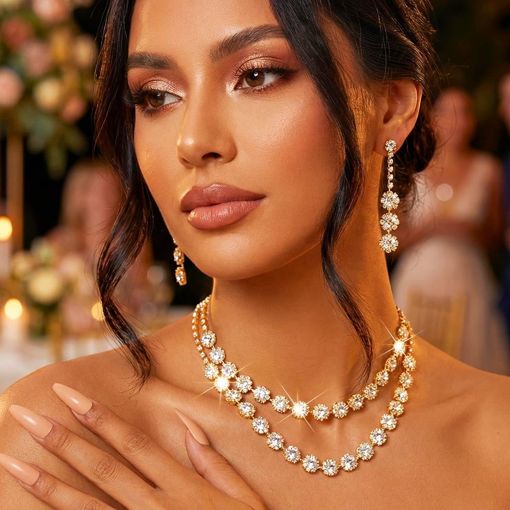 Aukmla Rhinestone Bridal Wedding Jewelry Sets Crystal Choker Necklace Earrings Set Prom Formal Jewelry for Women - Image 5