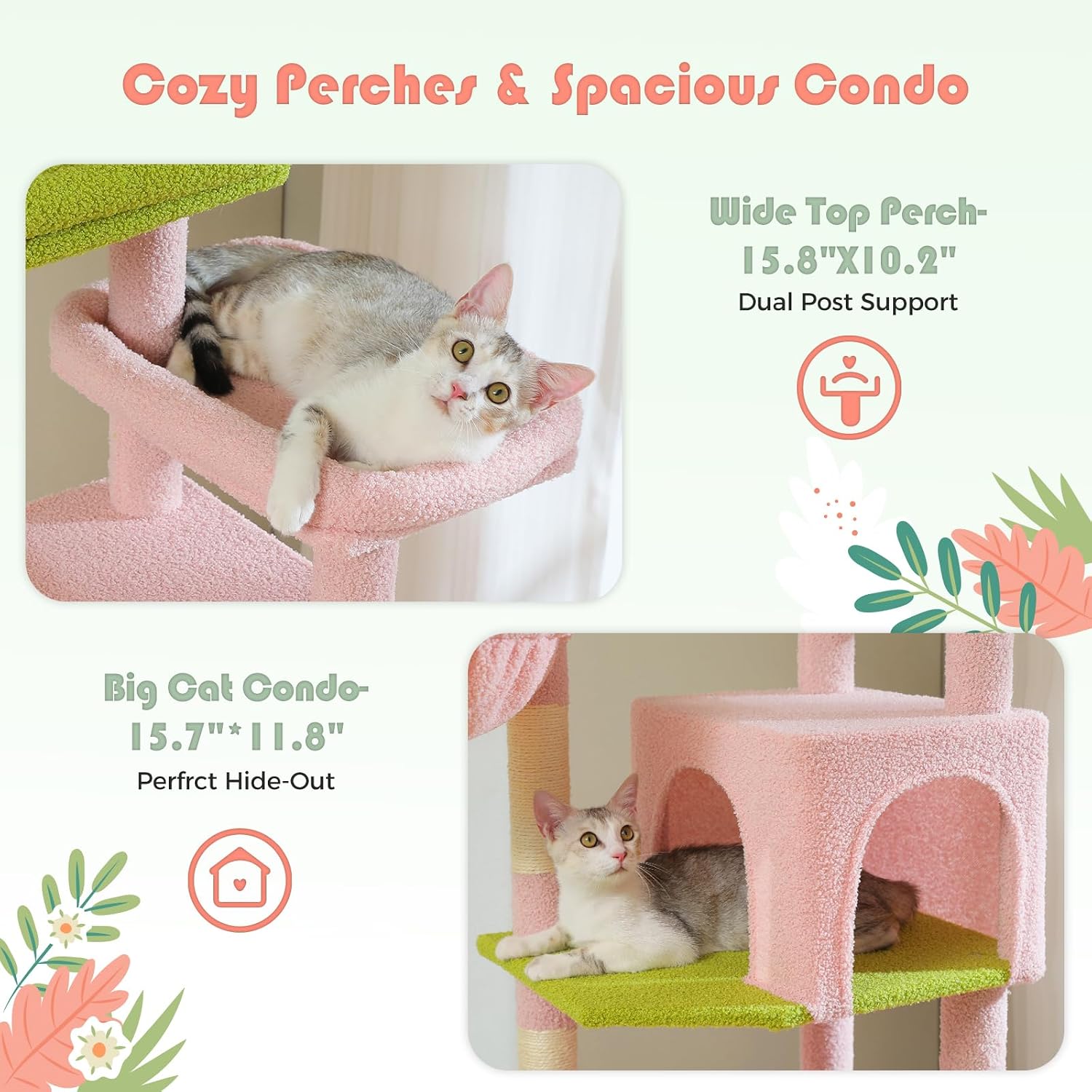 PETEPELA 69" Tall Cat Tree for Indoor Large Cats, Cat Tower for Adult Cats with Big Hammock, Cat Climbing Tree Tower with Scratching Posts, Condo House and Large Top Perch, Pink Green