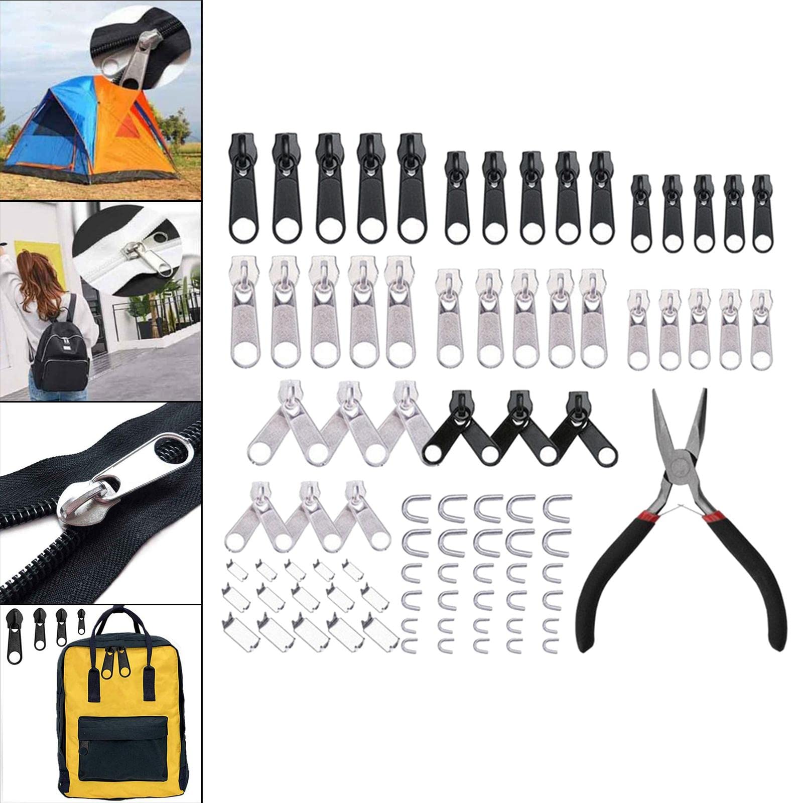 Kit de reparación de cremallera con alicates de instalación de cremallera para jeans, chaquetas, mochilas, 85 piezas, 85 piezas