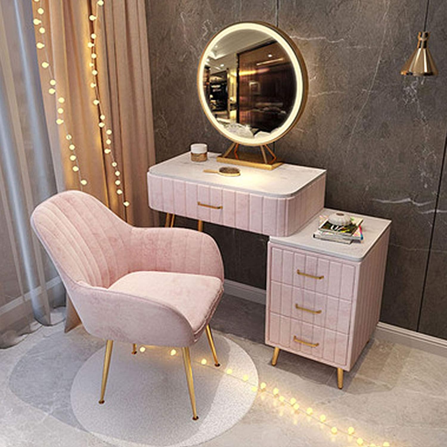 Girls Dressing Table with Cosmetic Drawers Luxurious Vanity Table with Side Table & Led Lighted Mirrors Dressing Tables Organiser with Cushioned Stool,
