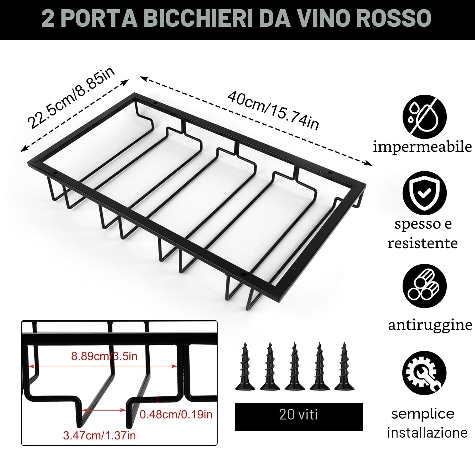 MXTIMWAN 4 Binari Porta Bicchiere da Vino Sospeso, 2 Pezzi Scolabicchieri Portabicchieri, Porta Calici Sotto Armadio, per Bar Ristorante Cucina
