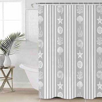 Shower Curtain Summer Starfish Seashell Coral Grey and White Striped Waterproof Shower Curtain with Hooks Washable Fabric Shower Curtains for Bathroom, Hotel, Stalls, Bathtubs, 66x72 Inch
