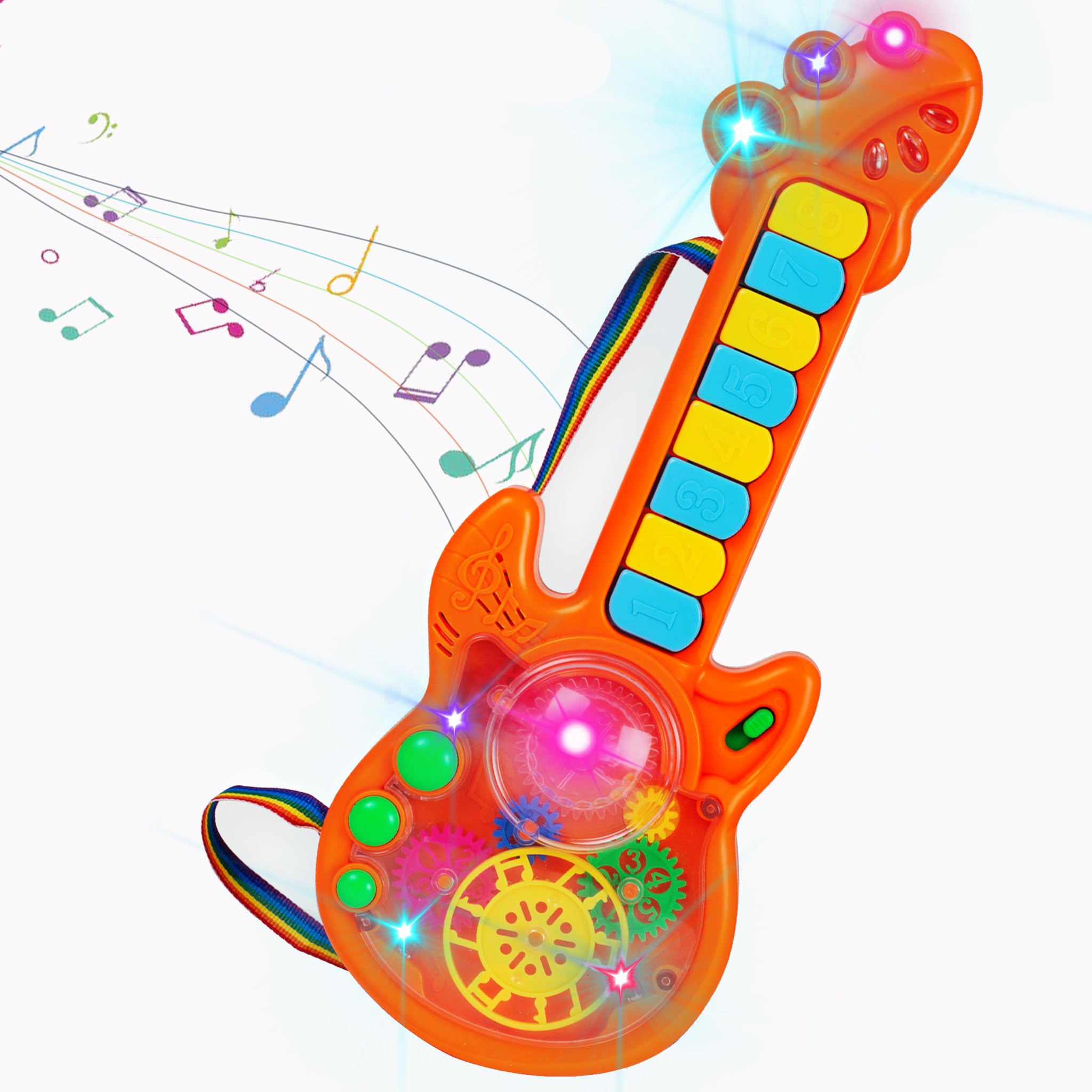 Gooyo GY999-53 Battery Operated Musical Toy Guitar with 8 Keys & 3D Gear & Flash Light Effects for Kids/Baby/Girls/Boys/Gifts/Toddlers | Orange Color, Power Source: 3xAA Battery (Not Included)