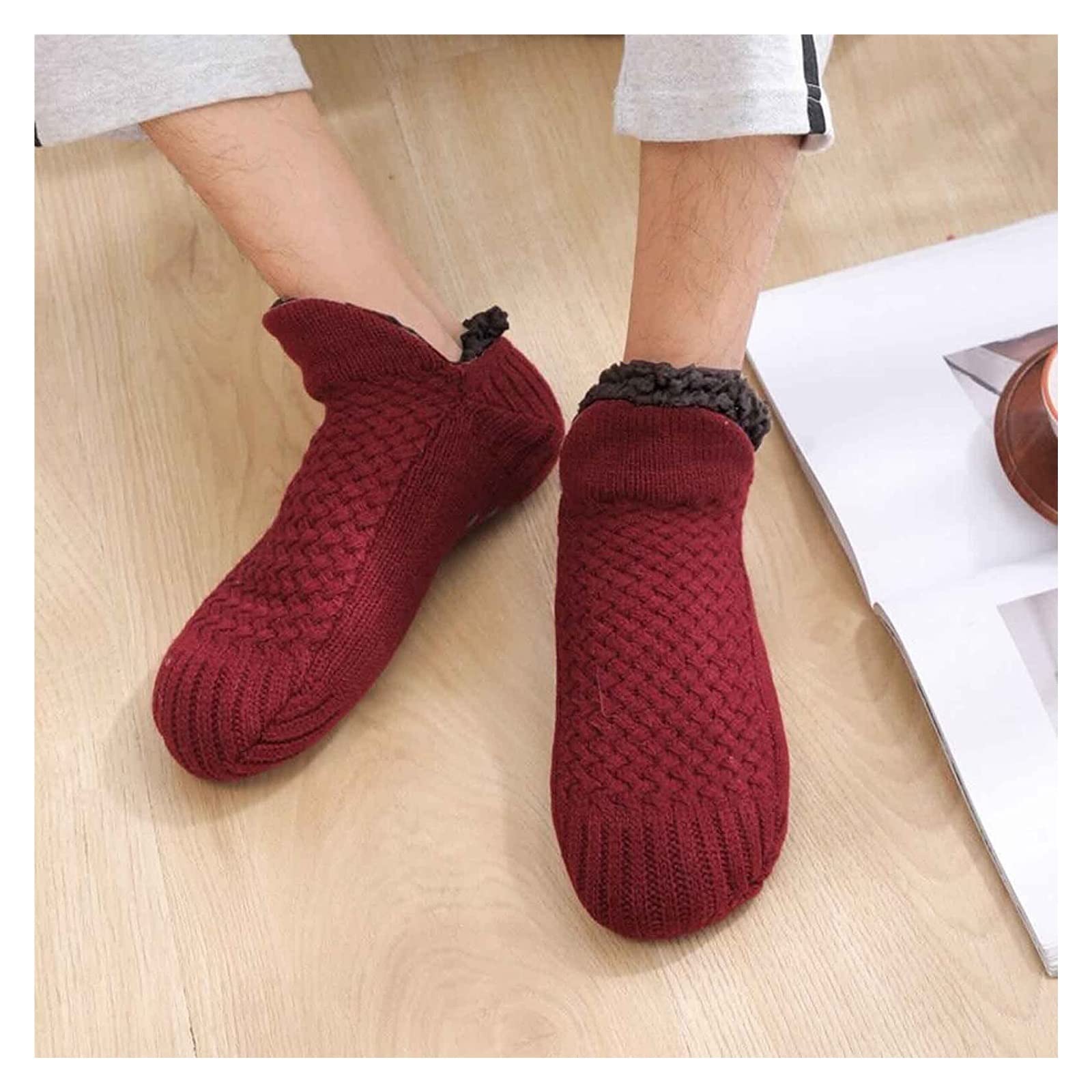 Wintersocken Socken Winter-Thermo-Anti-Rutsch-Socken, Damen Herren, Gestrickte, Superweiche, Flauschige, Warme, Bequeme, Elastische Schlafsocken Für Zu Hause Thermosocken ( Color : Claret , Size : 43-