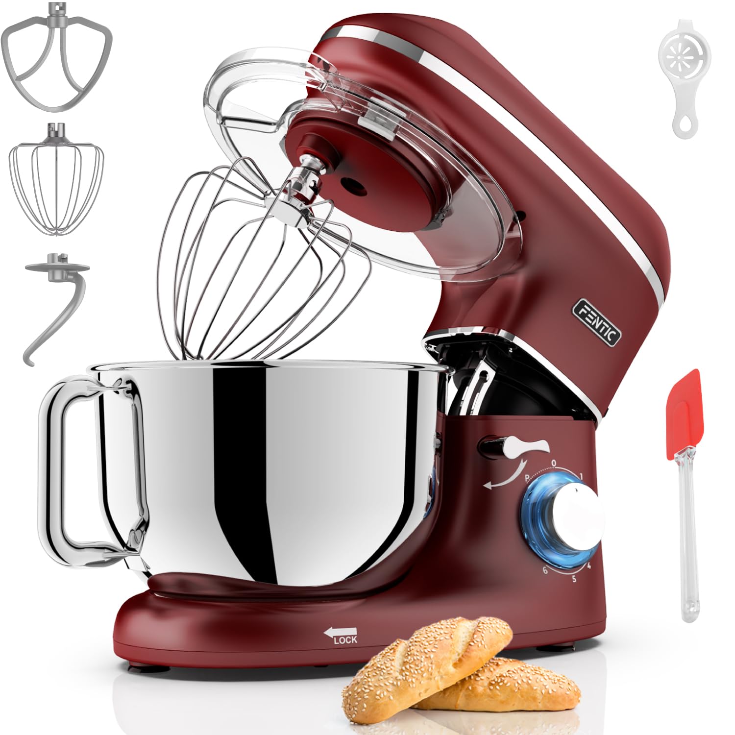 Batidora Amasadora - 2000W - Con Bol 6.2L para Hornear - Amasadora Reposteria Con Batidor, gancho amasador y gancho para mezclar - Incluye y accesorios adicionales - Rojo