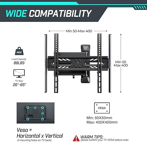 Miniatura 7 de Greenstell Soporte de pared para TV con luces LED, soporte de TV de movimiento completo para televisores de 26 a 65 pulgadas, retroiluminación de TV