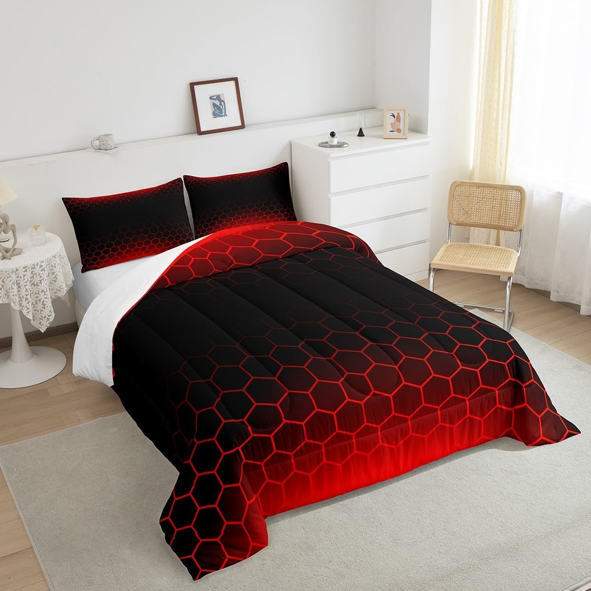 Feelyou Red Black Ombre Comforter Set King, Geometrics Honeycomb Bedding Set for Kids Abstract Hexagonal Comforter Ombre Duvet Set with 2 Pillow Case