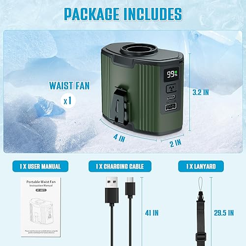 Miniatura 5 de Ventilador portátil recargable de 10000 mAh - Ventilador de cintura y cuello con clip, 10 velocidades, pantalla digital, hasta 40 horas de