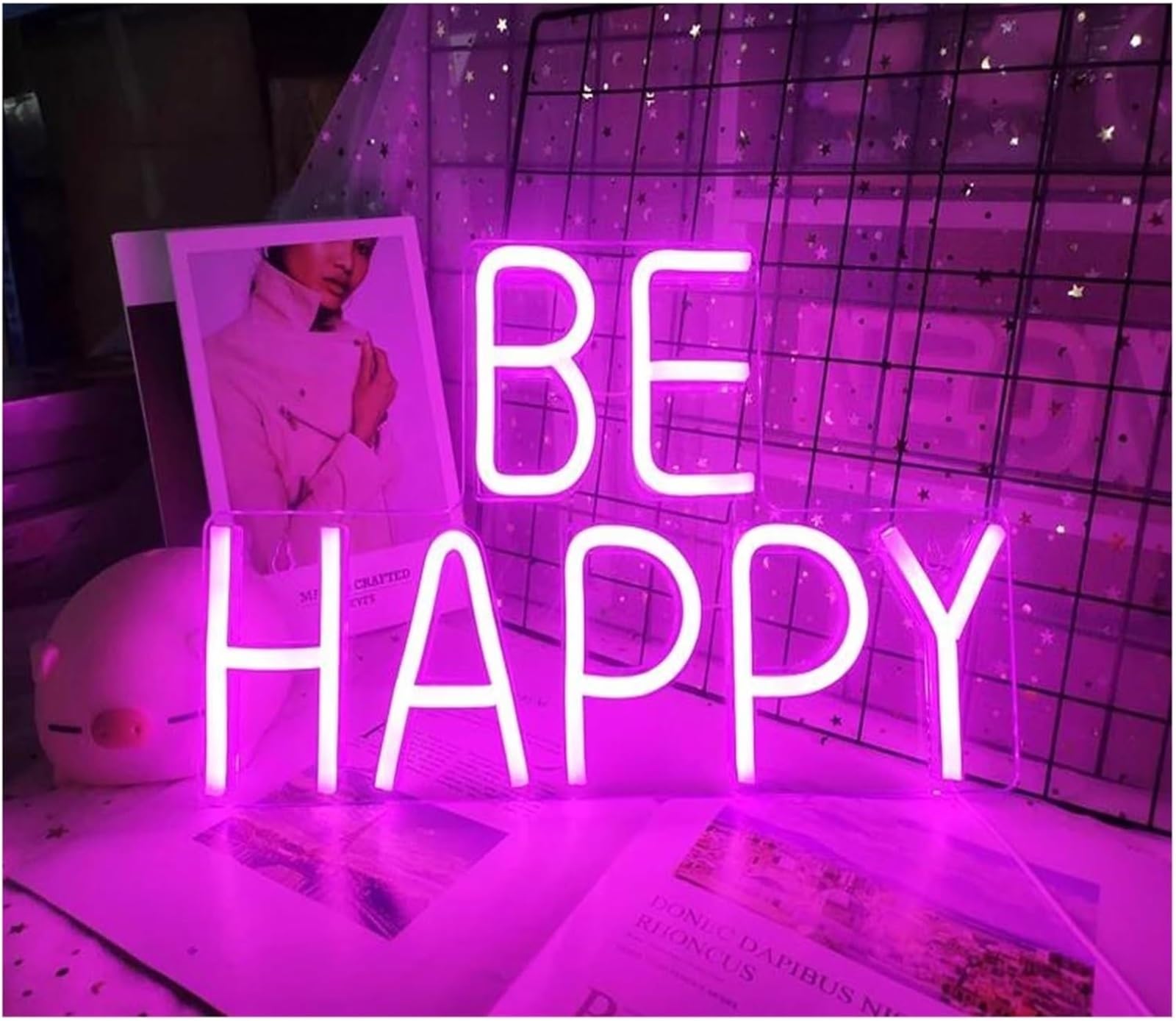 Insegna al neon con lettere colorate per interni, scritta "Be Happy", per decorazioni murali e camerette per bambini
