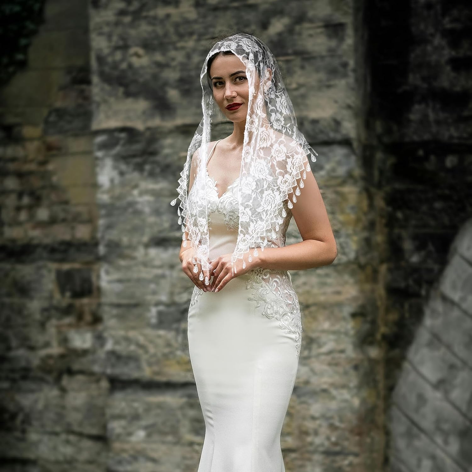 JJUNW 2 Pcs Mass Veil Triangle Mantilla Cathedral Head Covering, Chapel Veil Lace Shawl, Latin Church Veil Chapel Scarf Latin Mass Head Covering, Head Covering Veils for Bridal (Rose)