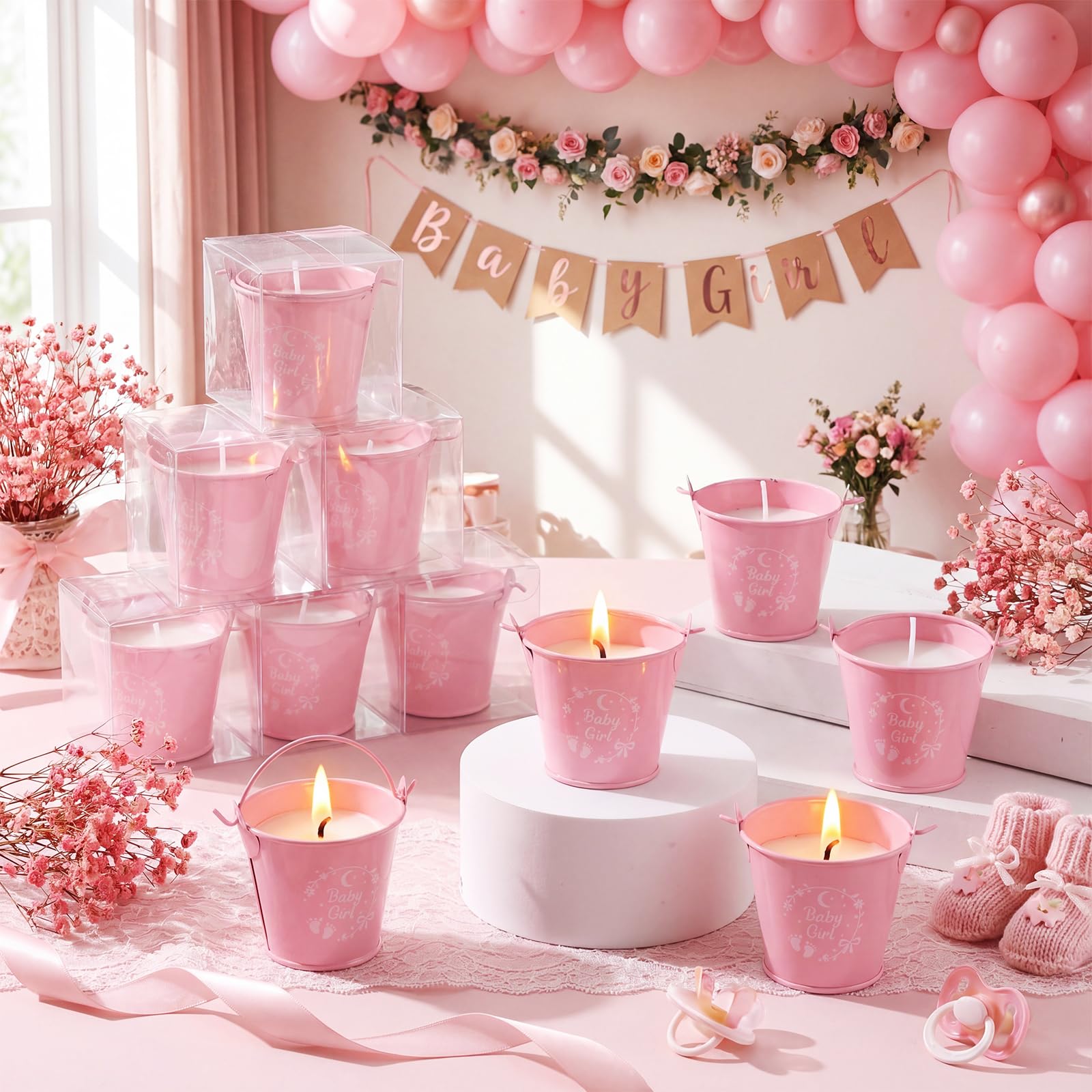 Treela Set di 24 candele per baby shower per ospiti profumate alla lavanda, 51 g, candela in cera di soia rosa secchio di ferro e confezione regalo per neonata rivelazione di genere forniture per