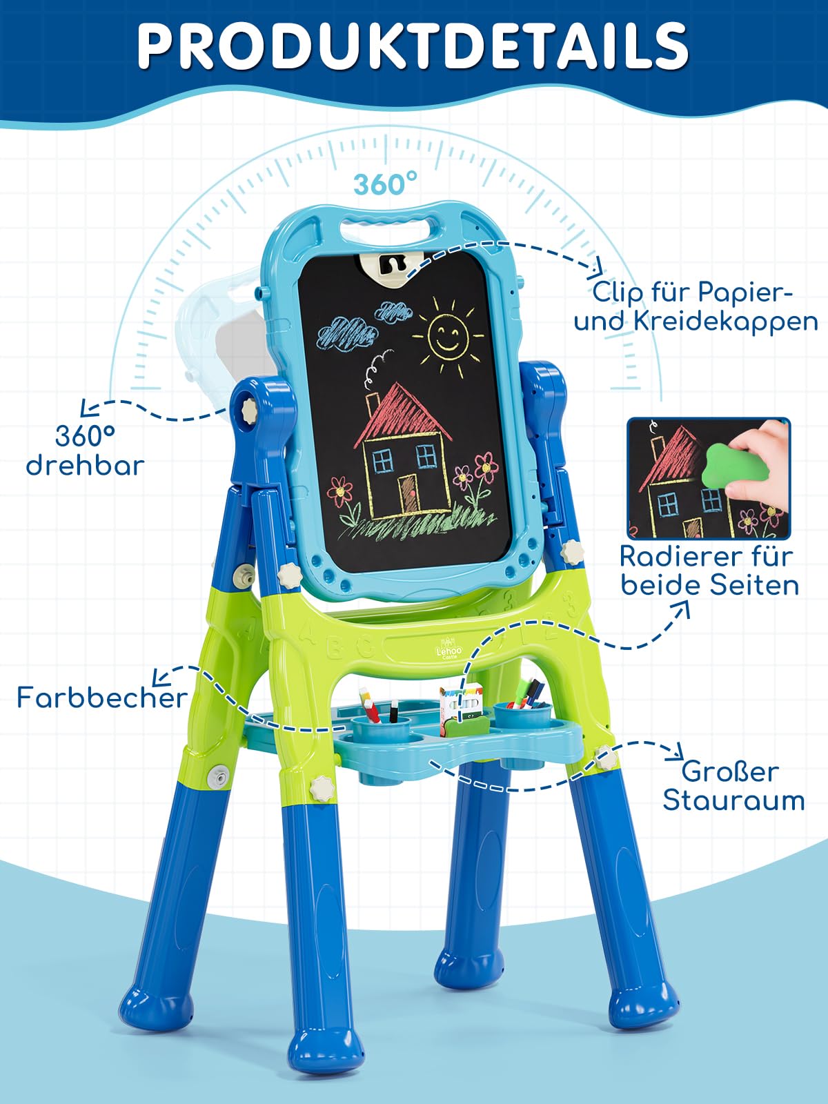 Lehoo Castle Tafel Kinder, Kindertafel mit Kreidetafel & Whiteboard 360 drehbare Höhenverstellbar schultafel für kinder mit Zubehör, Spielzeug ab 3 jahre mädchen Jungen(Blau)