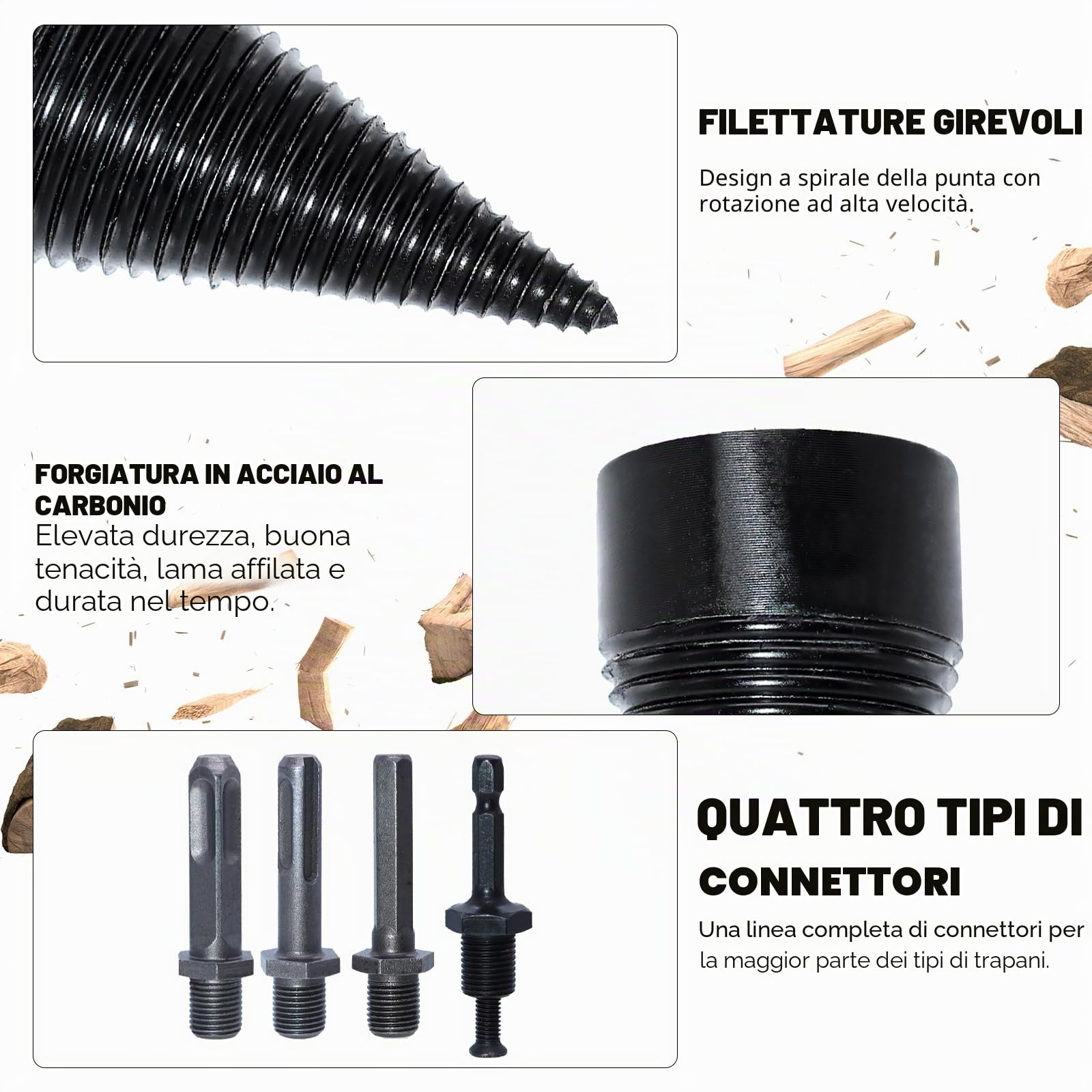 Set di spaccalegna da 42 mm + 32 mm, spaccalegna con 4 manici per trapano, spaccalegna per legna da ardere, cono per legno spaccalegna per trapano