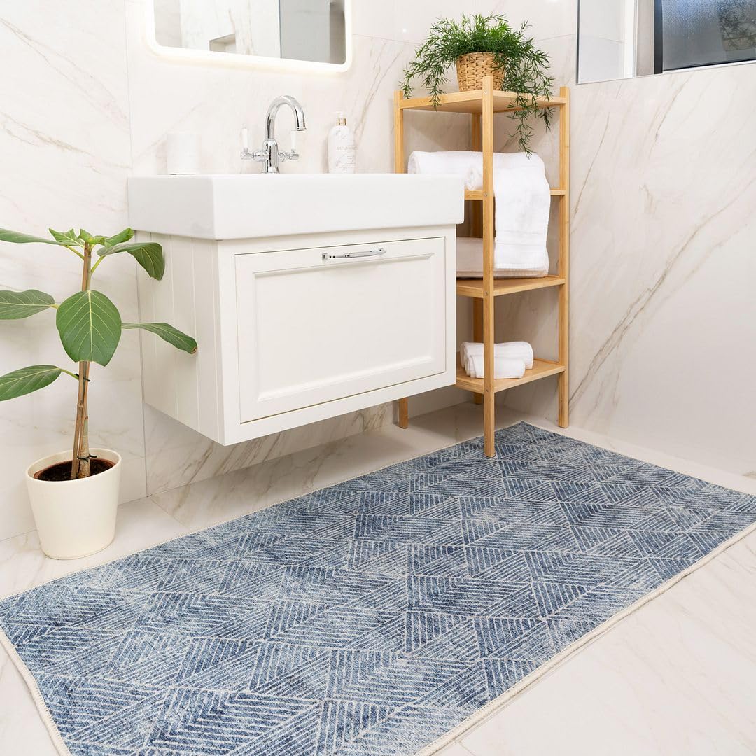 Washable Bathmat Rugs Dark Blue Retro Linear Pattern Minimalist Soft Feel Absorbent Kid Pet Suitable Non-Shed Durable Bathroom Spa Guest Ensuite Living Area Rug 80cm x 150cm (2ft 7" x 4ft 11")