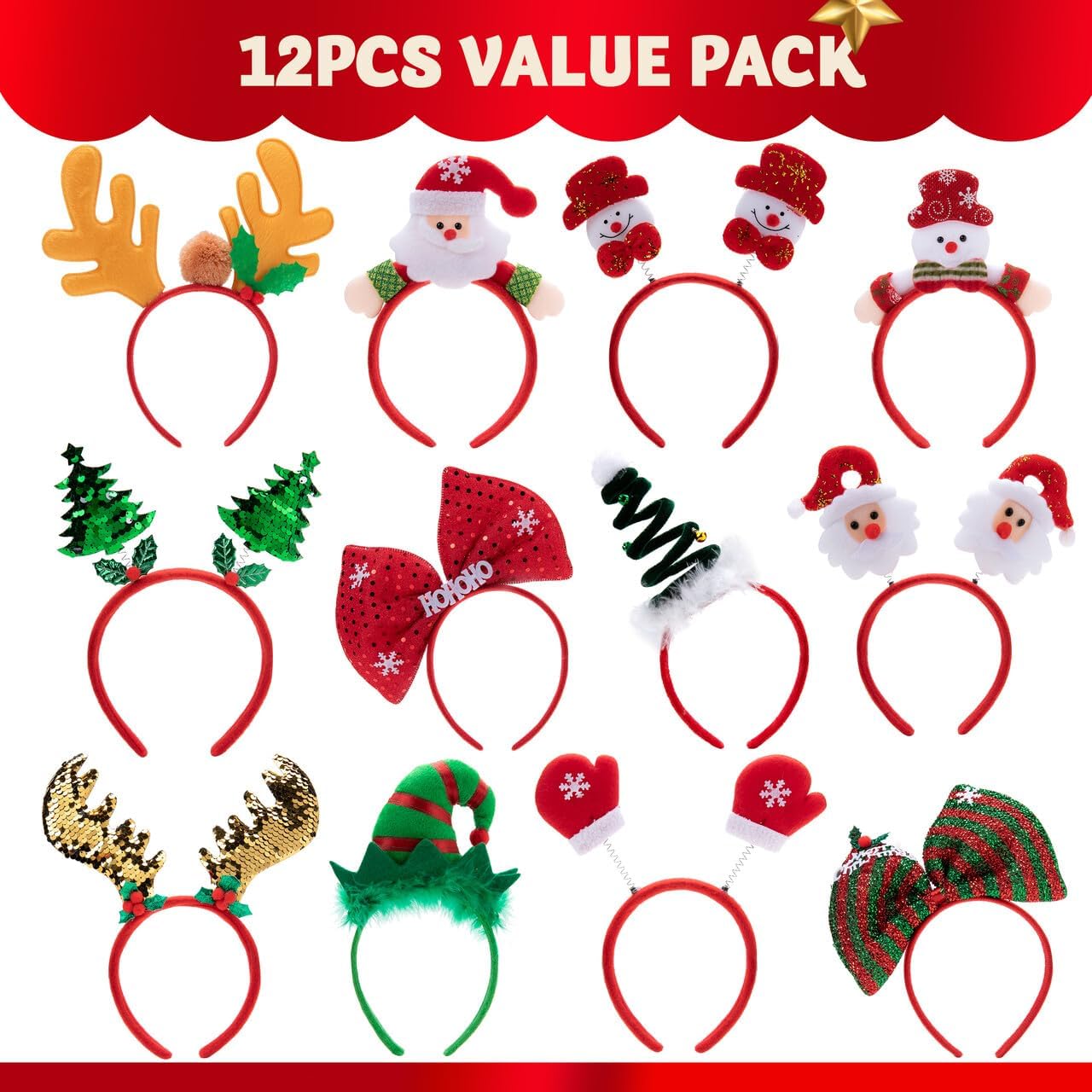 joyin 12 packs christmas headbands 3d head hat headbands for kids women men christmas parties costume accessories xmas holiday party favors photo booth (one size fit all) special