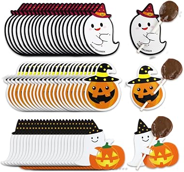 150 Pcs Halloween Lollipop Paper Cards Jam Chocolate Candy Holder Ghost Pumpkin Candy Wrapping Decorations for Halloween Party Supplies